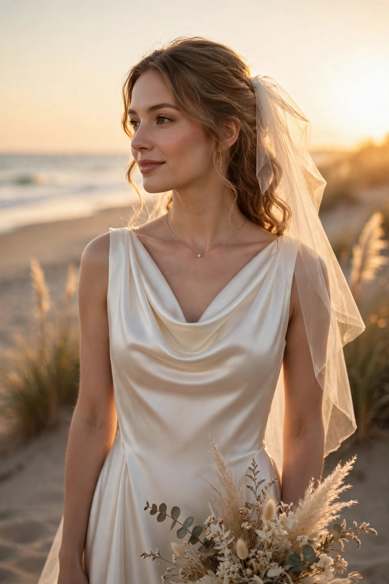 Bride in a cowl-neck silk satin beach gown glowing at golden hour
