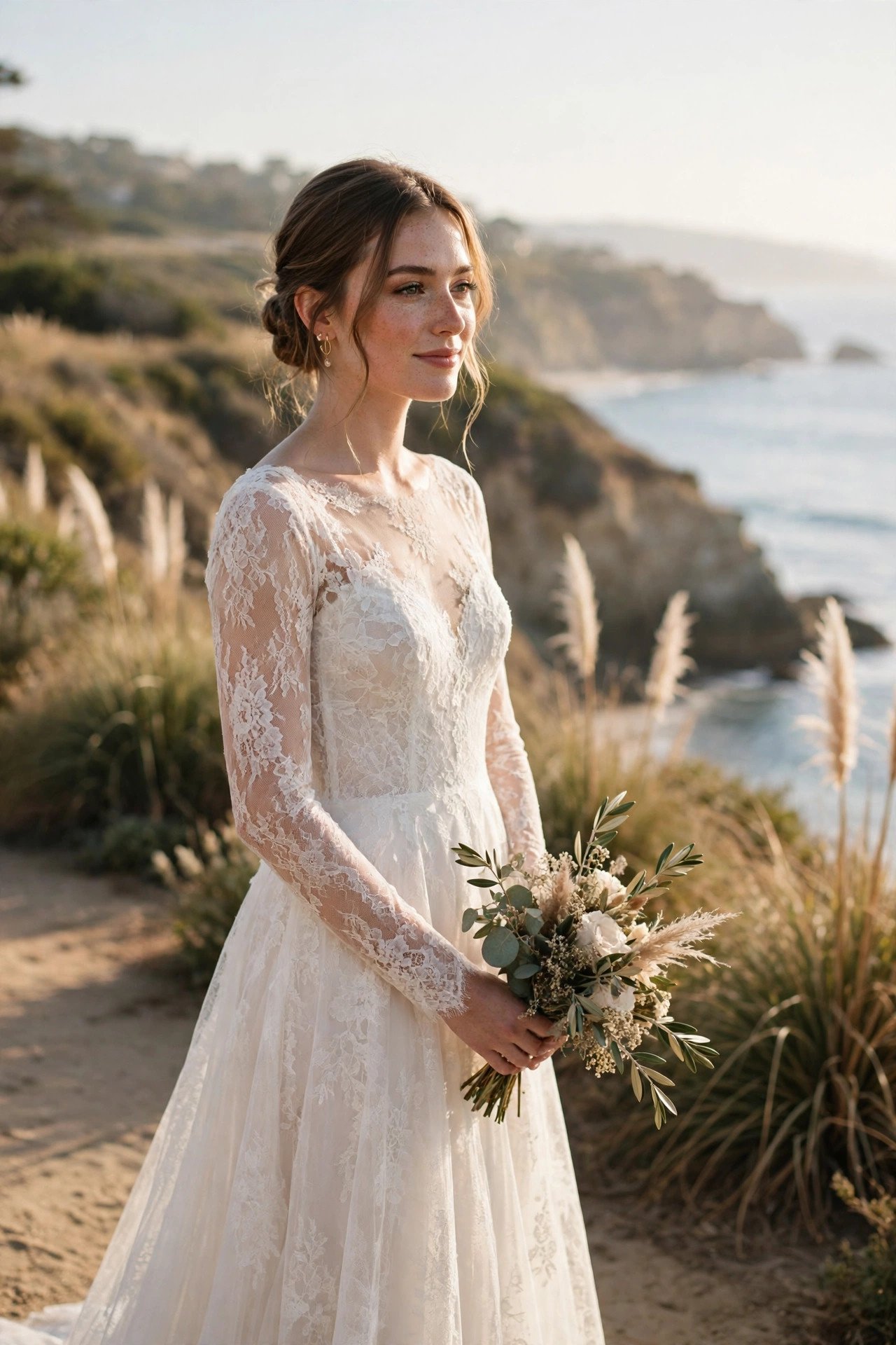 Bride in a long-sleeve illusion lace beach gown on an elegant coastline