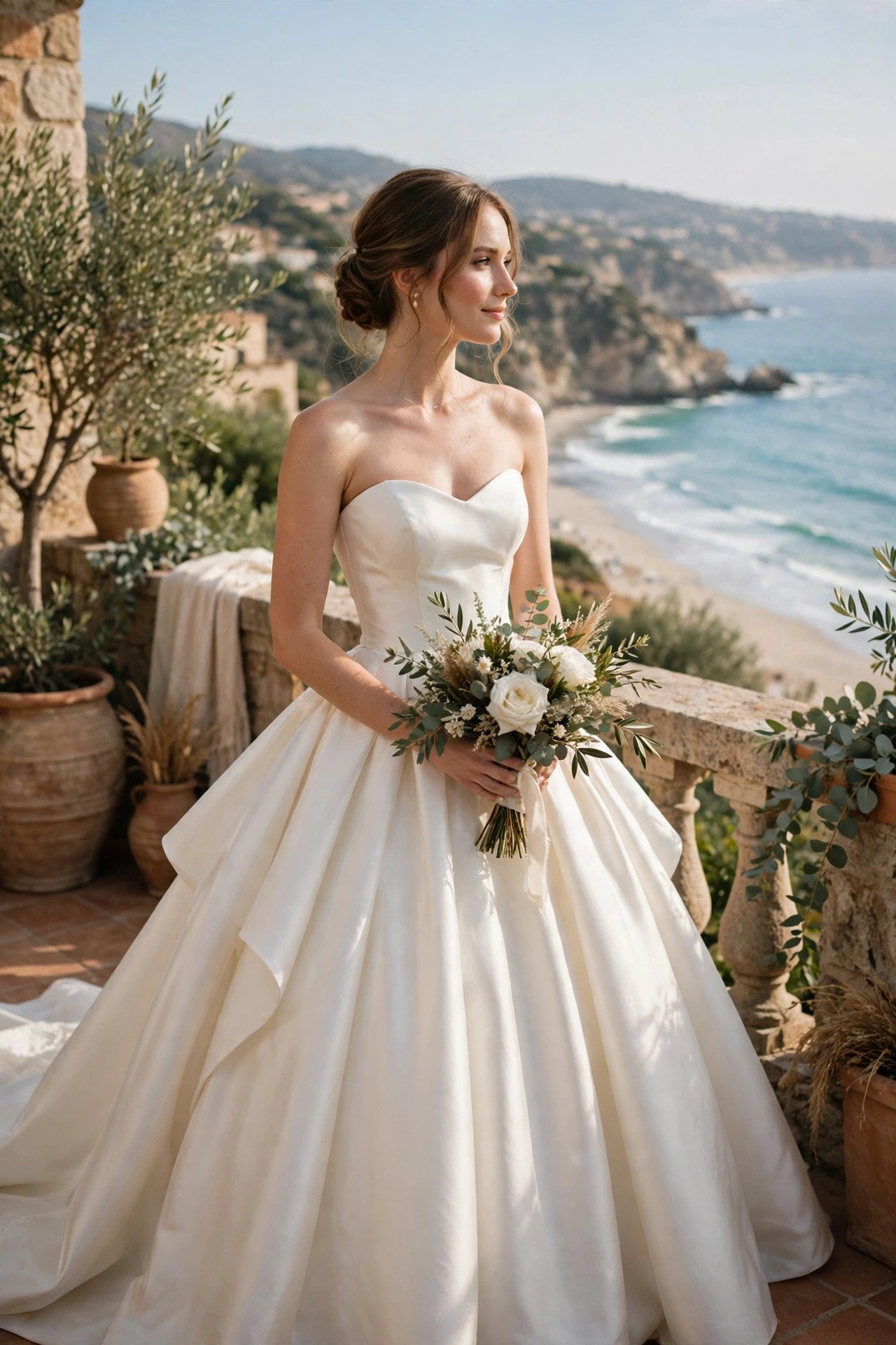 Bride in a strapless silk mikado ballgown on a terrace above the beach