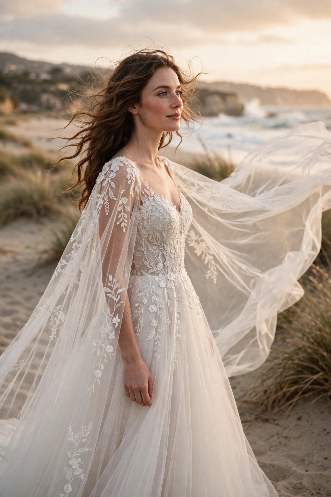Bride in an embroidered tulle beach gown with a flowing cape in the wind