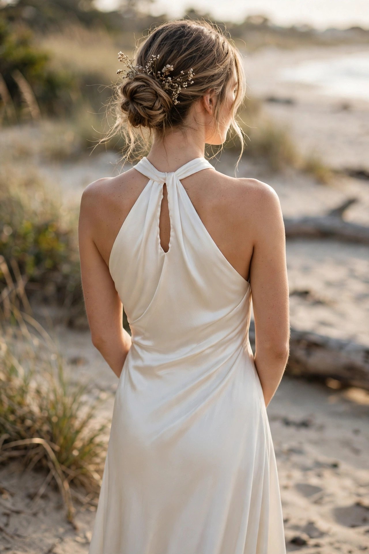 Bride in a halter silk crepe beach gown with a keyhole back detail