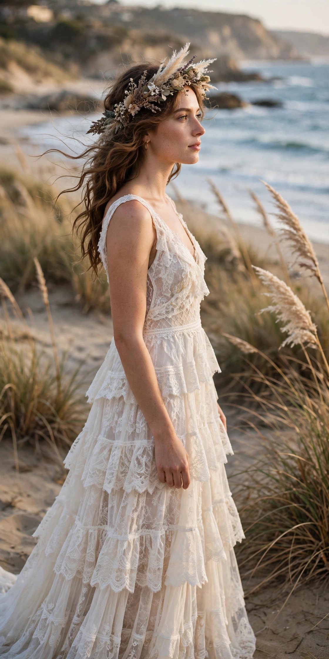 Bride in a tiered lace beach gown with bohemian styling by the sea