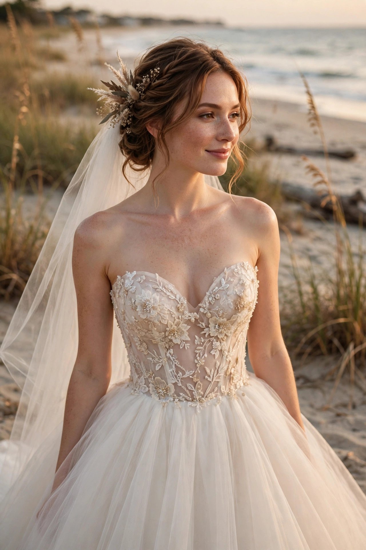 Bride in a sweetheart ballgown with a sheer embellished bodice at the beach