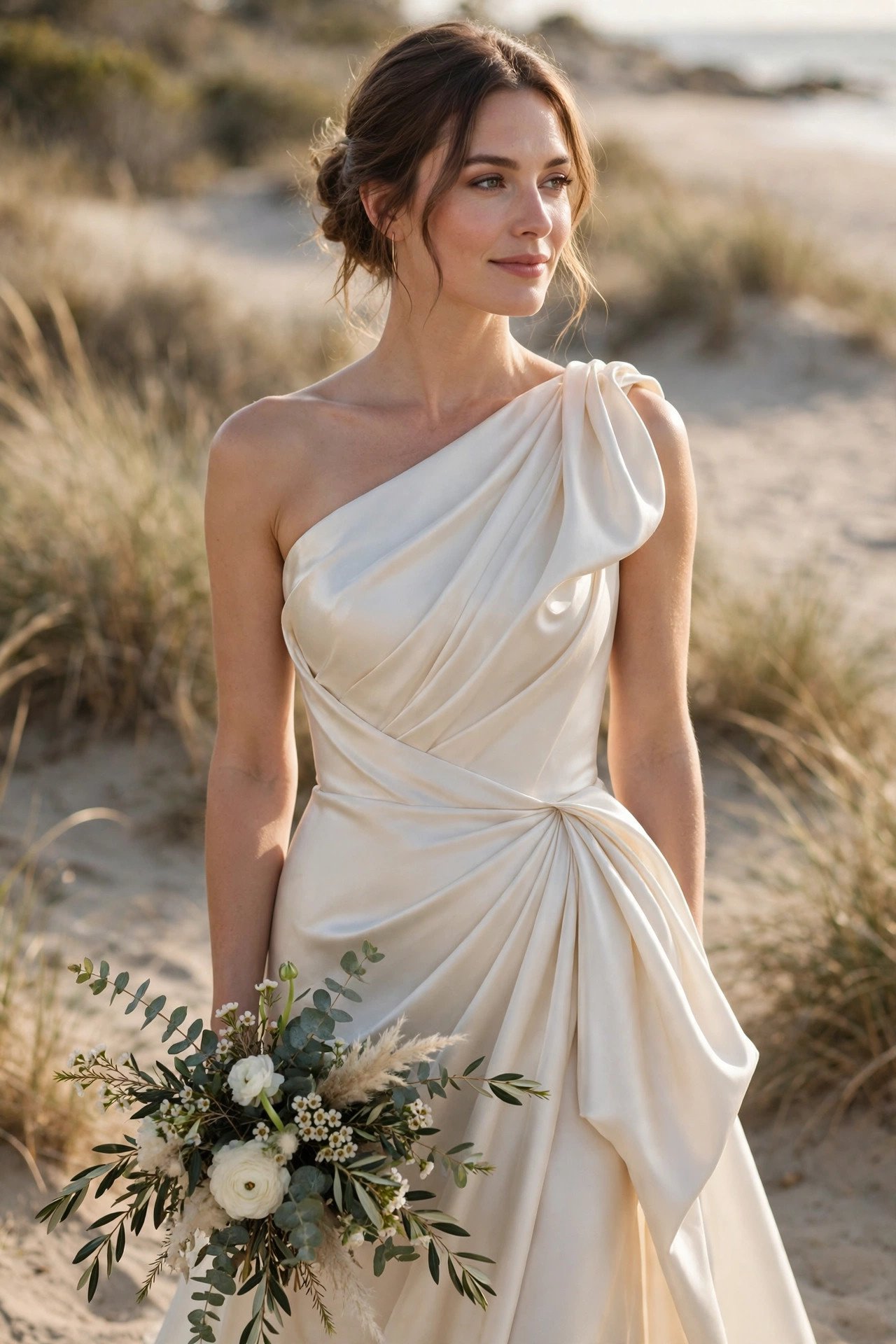 Bride in an asymmetric one-shoulder silk beach gown with sculptural draping