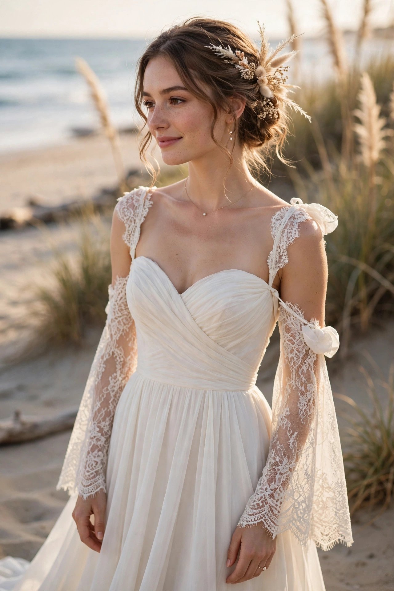 Bride in a convertible beach gown with detachable lace sleeves