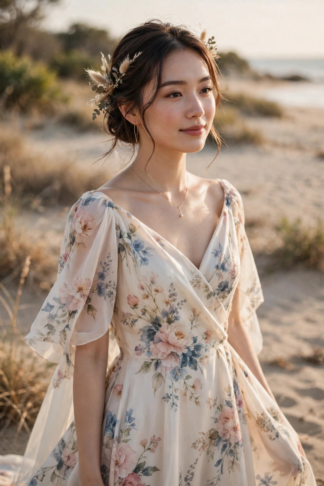 Bride in a hand-painted silk beach gown with soft watercolour florals