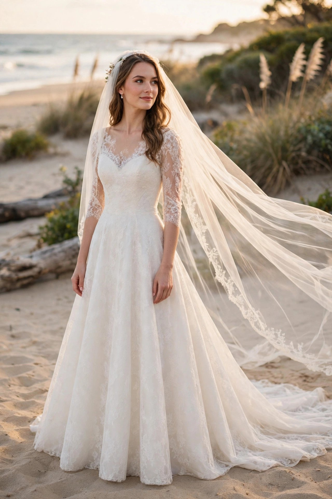 Bride in a classic A-line beach gown with a cathedral veil streaming behind her