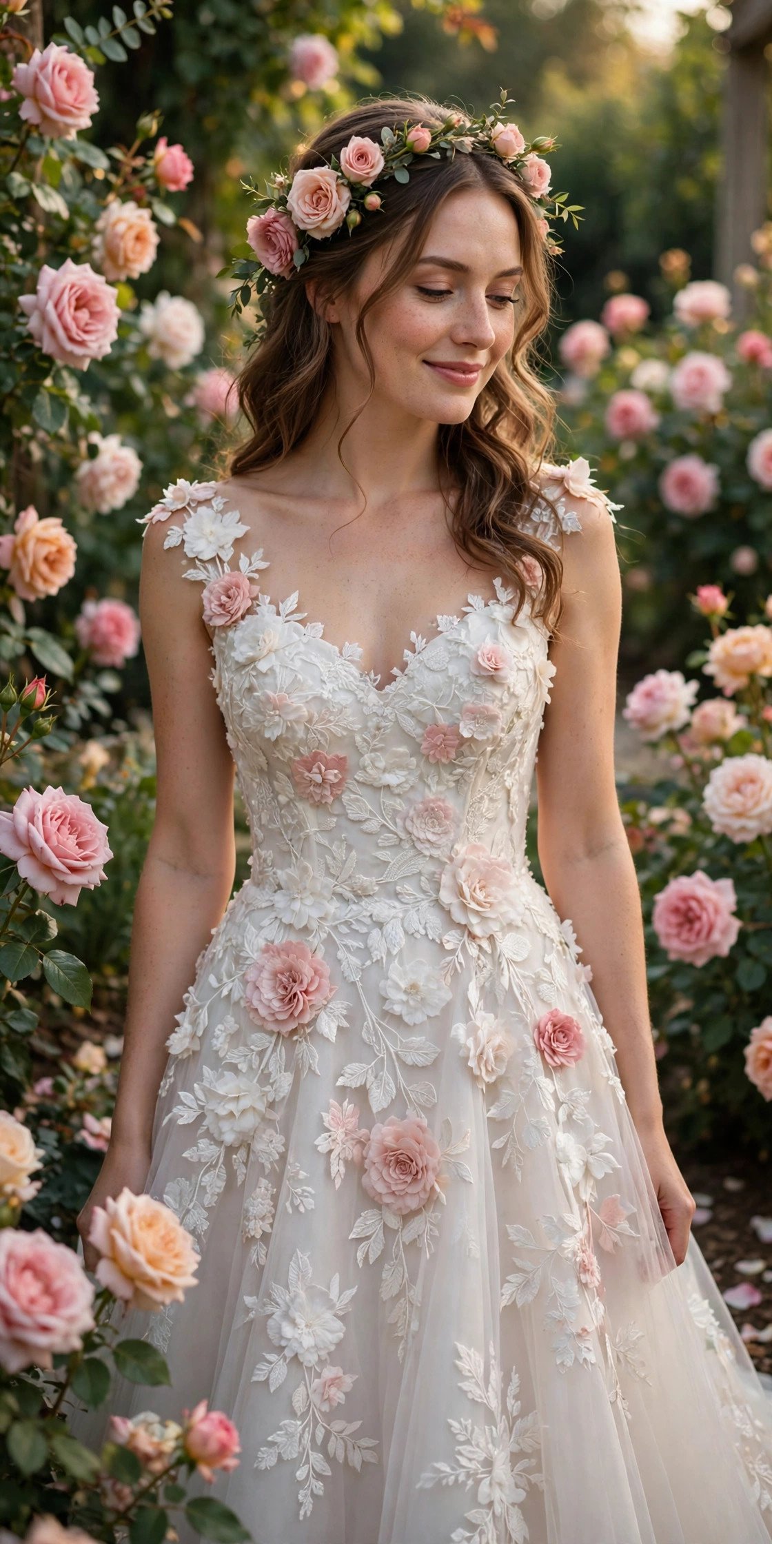 Bride in a 3D floral appliqué garden dress among roses