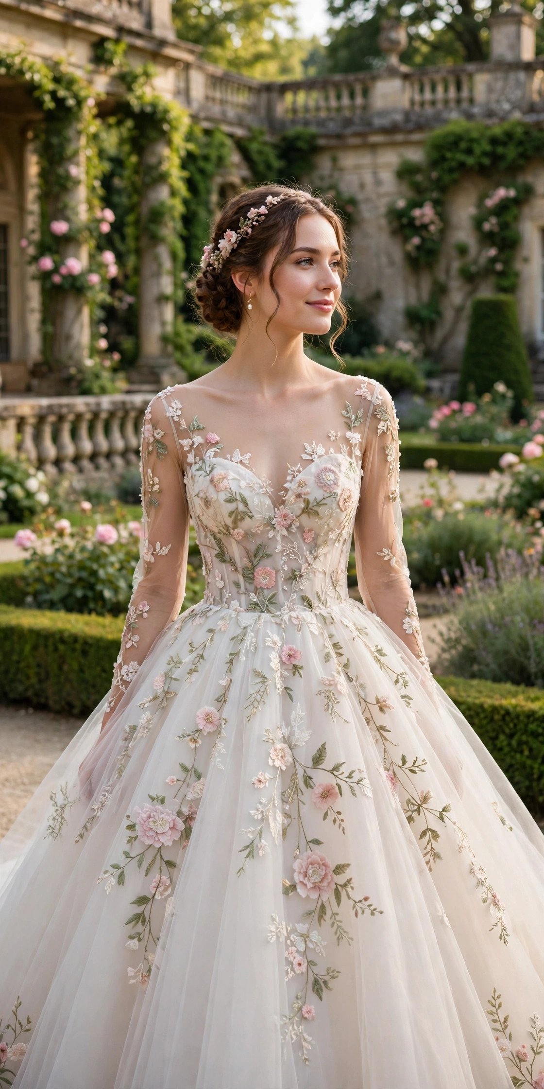 Bride in an embroidered tulle ballgown in a grand estate garden