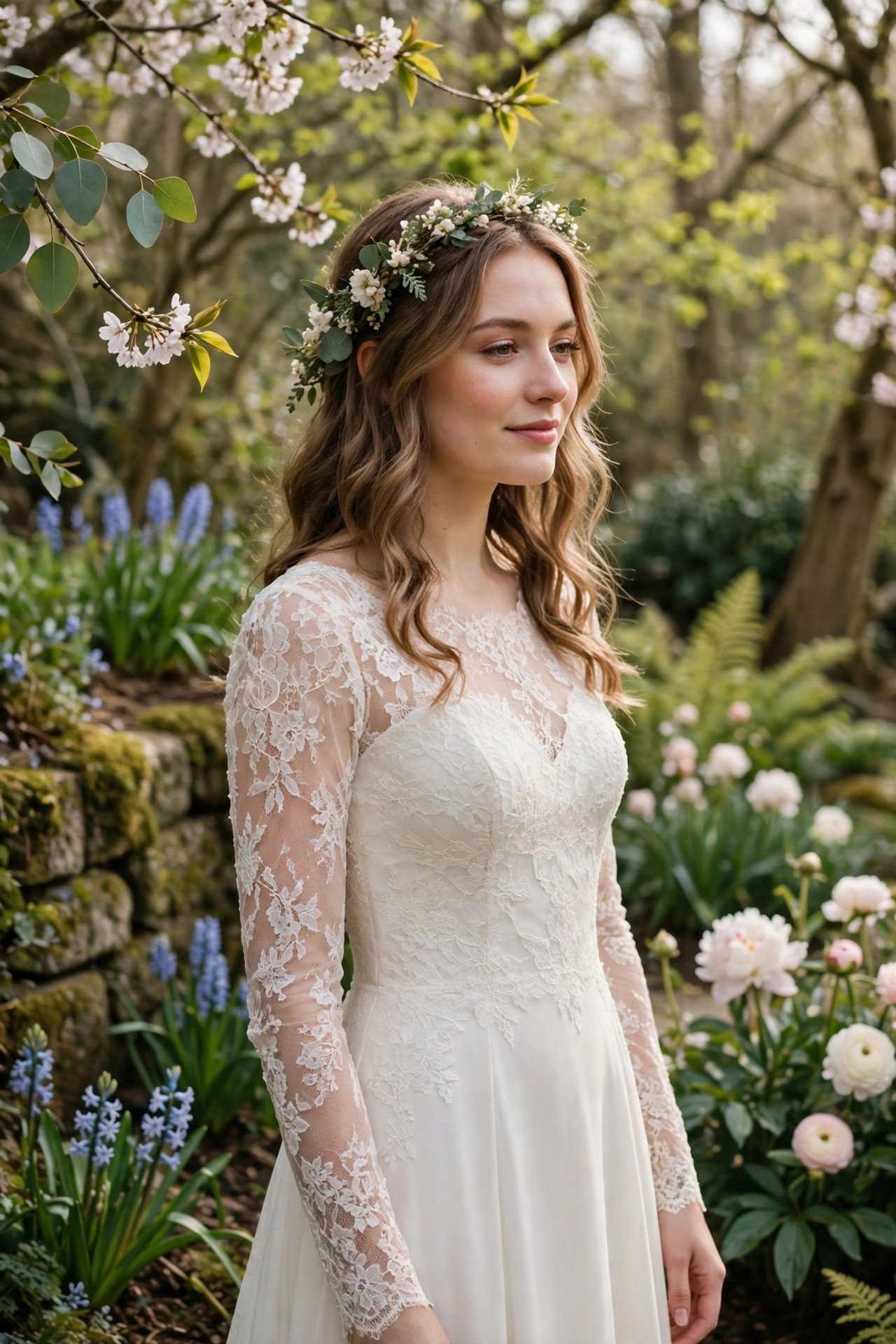 Bride in a long-sleeve lace garden dress in a cool spring garden