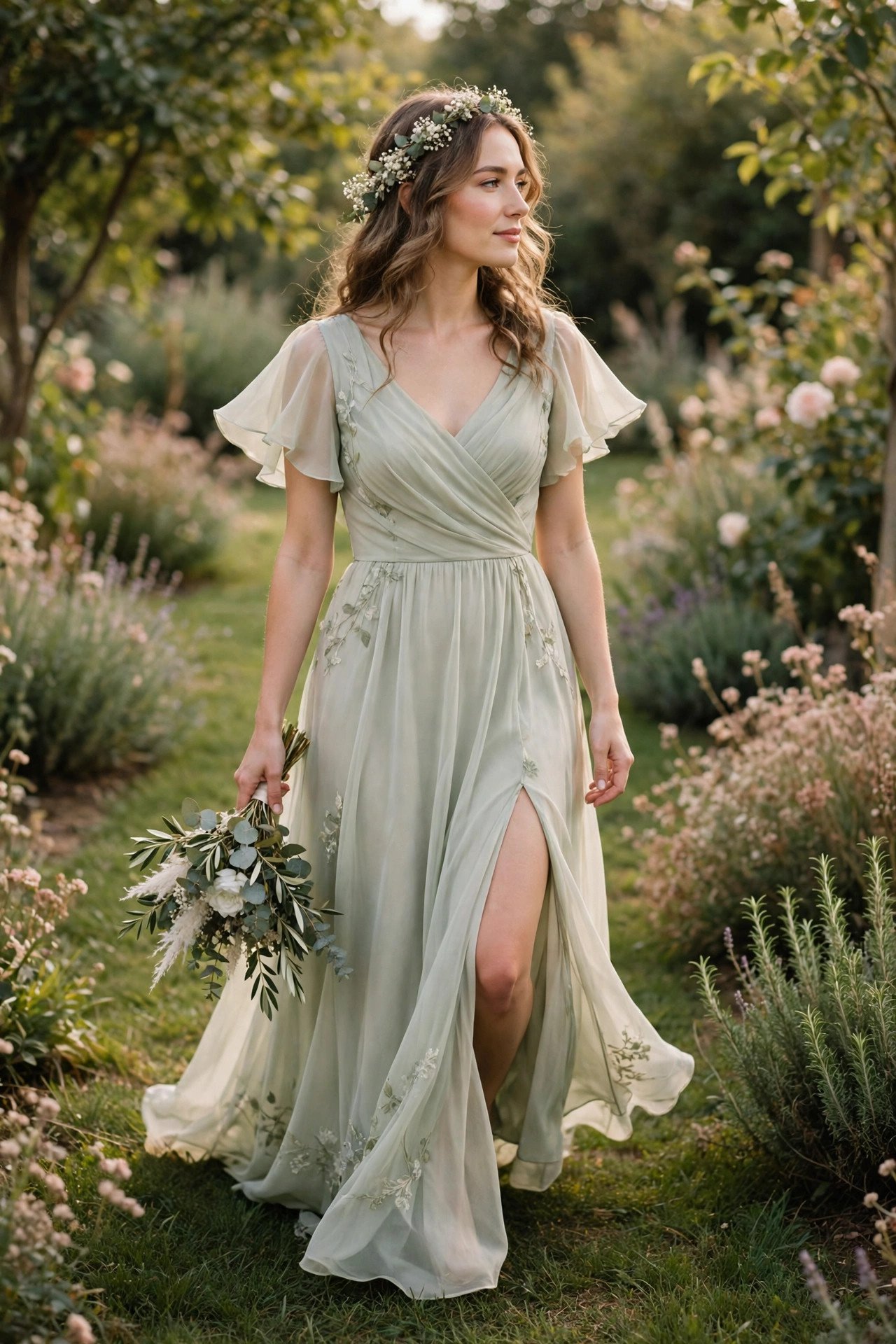 Bride in a flutter-sleeve chiffon garden dress with a slit walking on grass