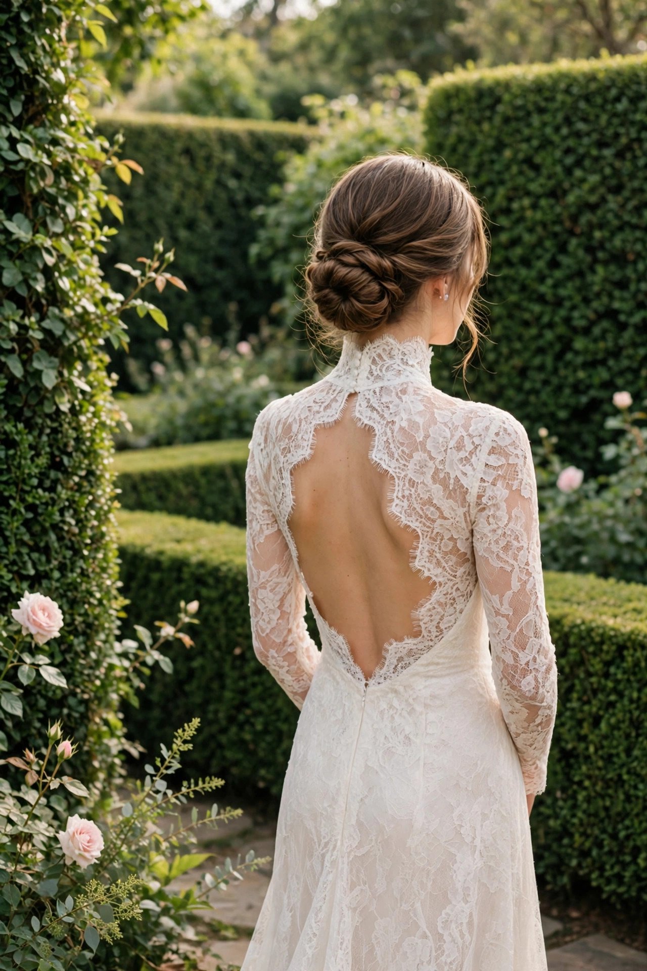 Bride in a high-neck lace garden dress with an open back among hedges
