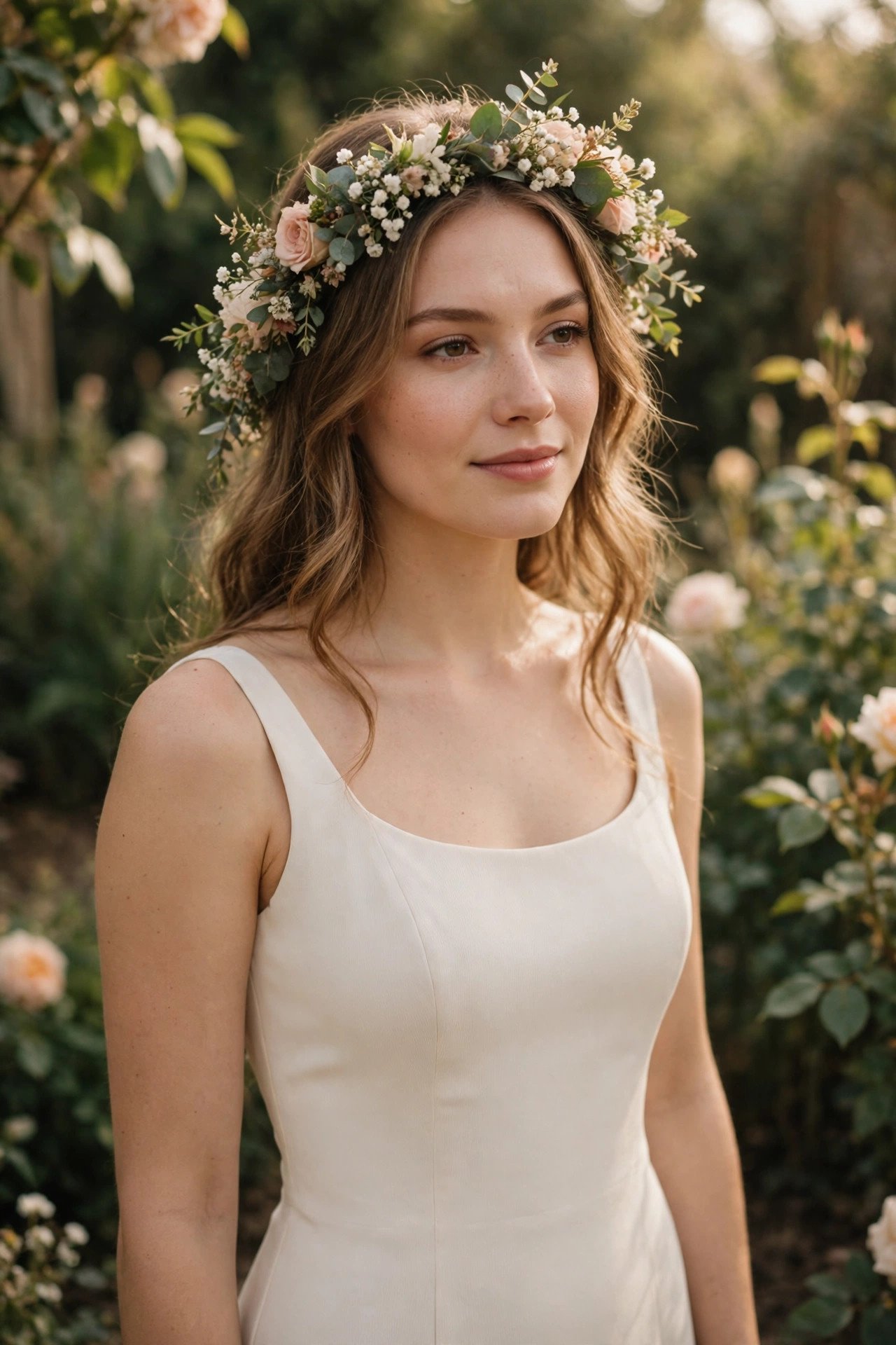 Bride in a simple crepe sheath garden dress wearing a fresh flower crown