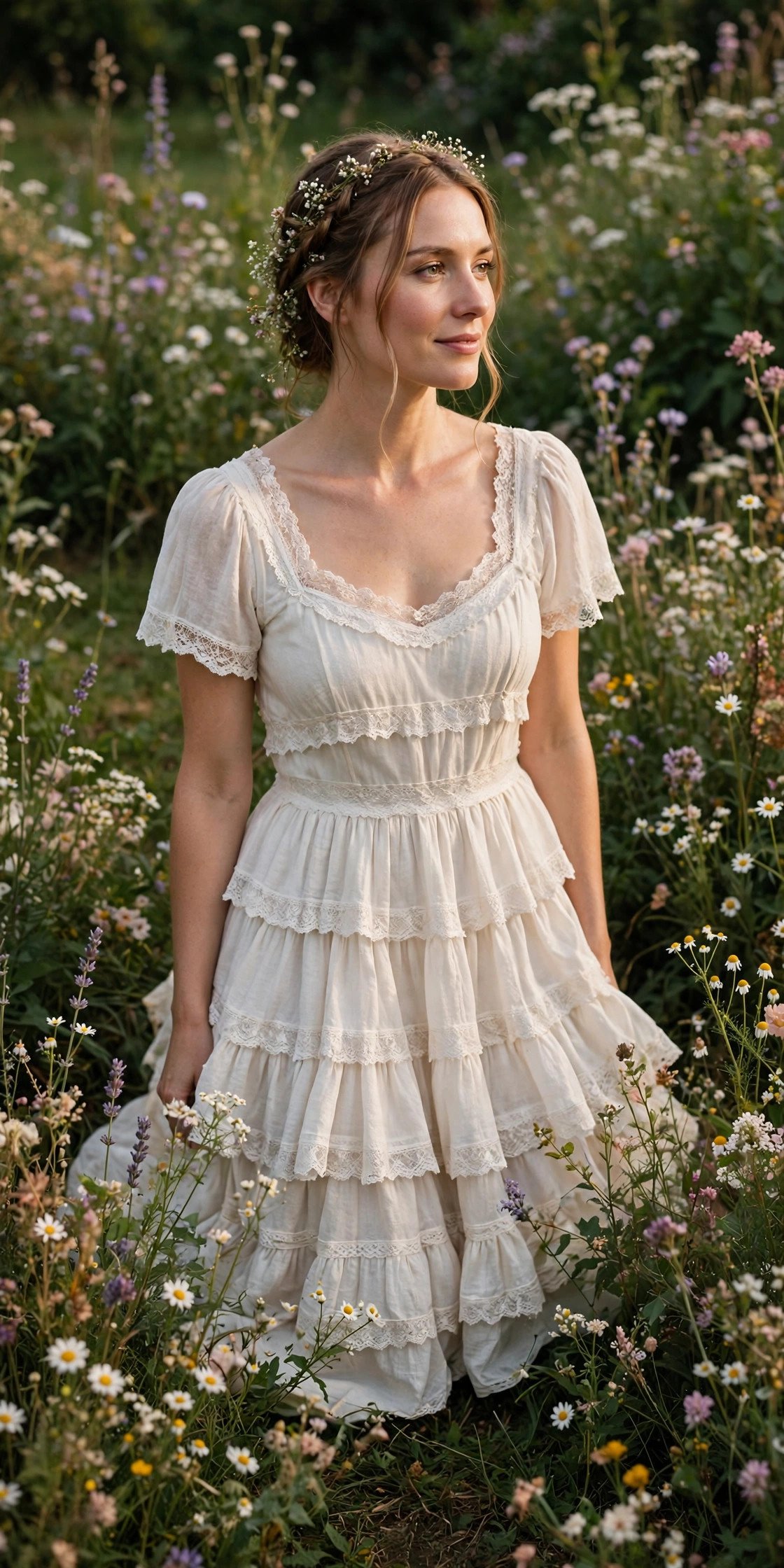 Bride in a tiered skirt garden dress with lace trim in a wildflower garden