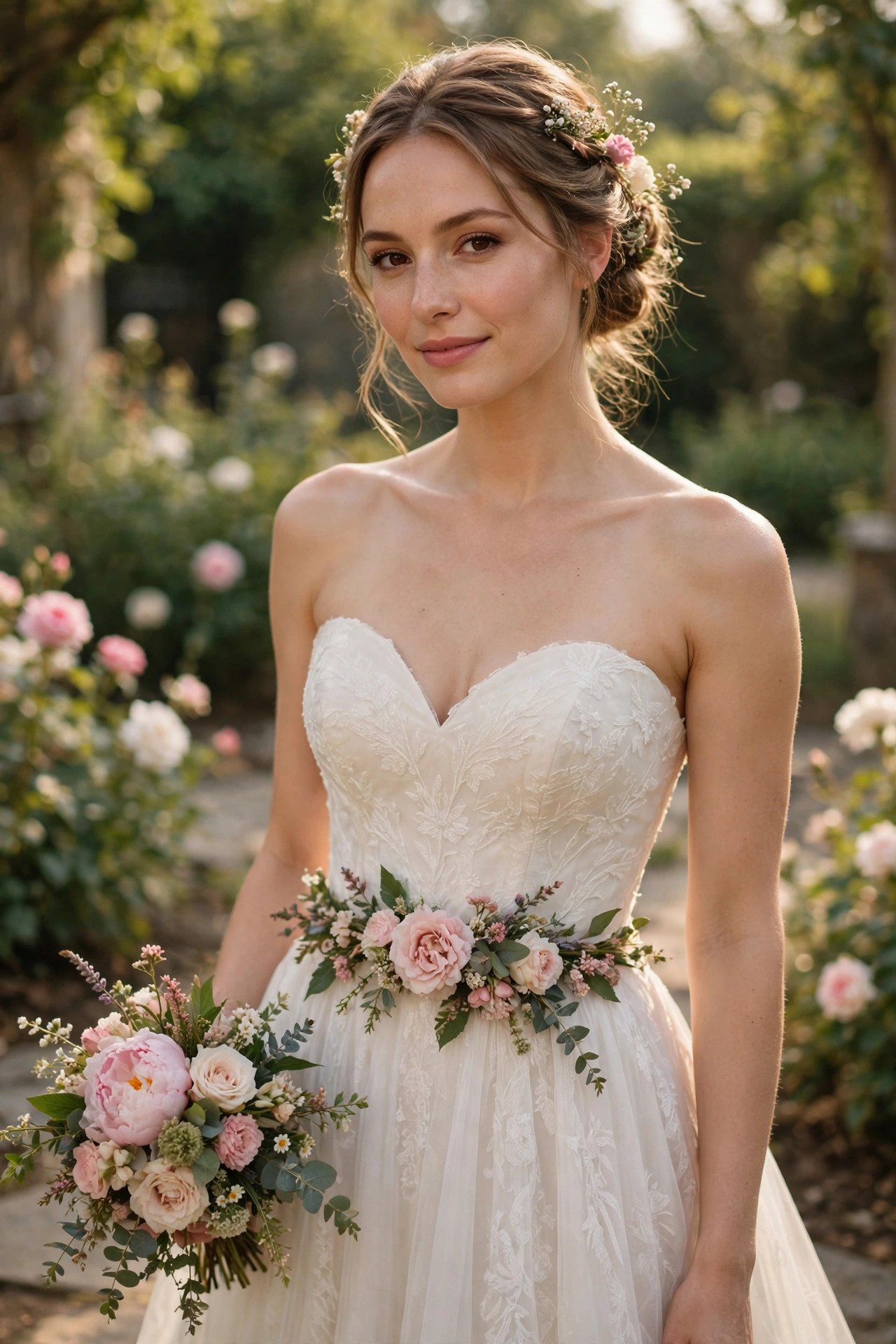 Bride in a strapless sweetheart garden dress with a floral sash