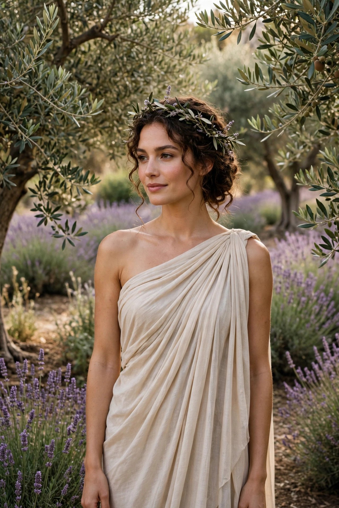 Bride in a Grecian draped garden dress among olive trees and lavender
