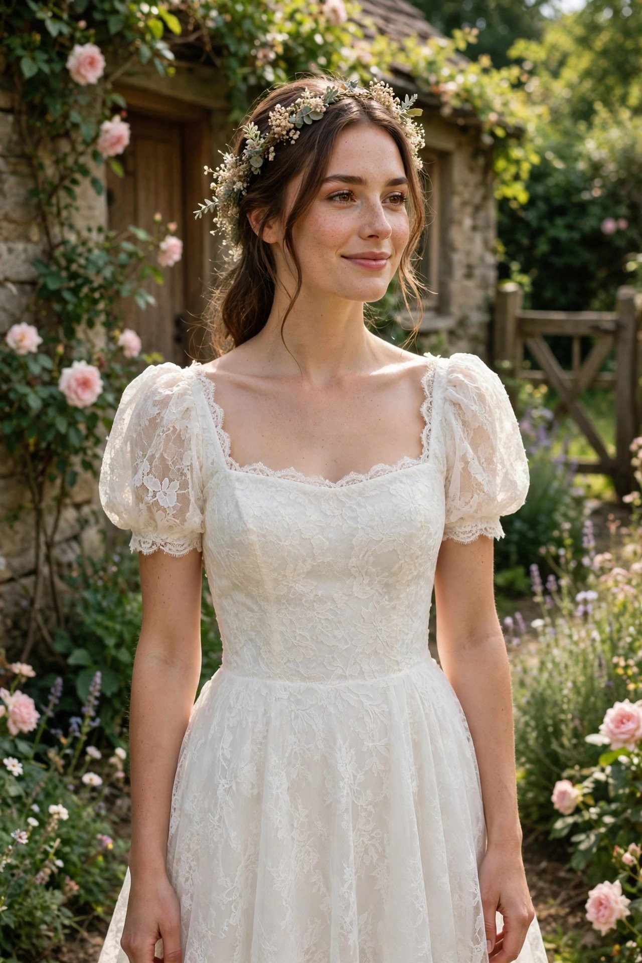 Bride in a puff-sleeve square-neck cotton lace garden dress