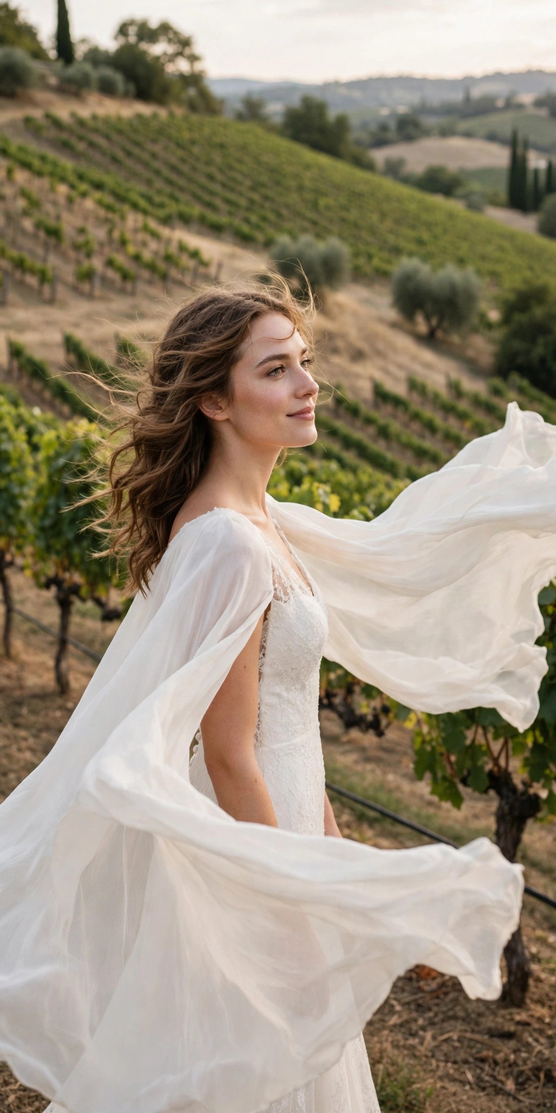 Bride in a cape-sleeve dress on a hillside vineyard with wind in the cape