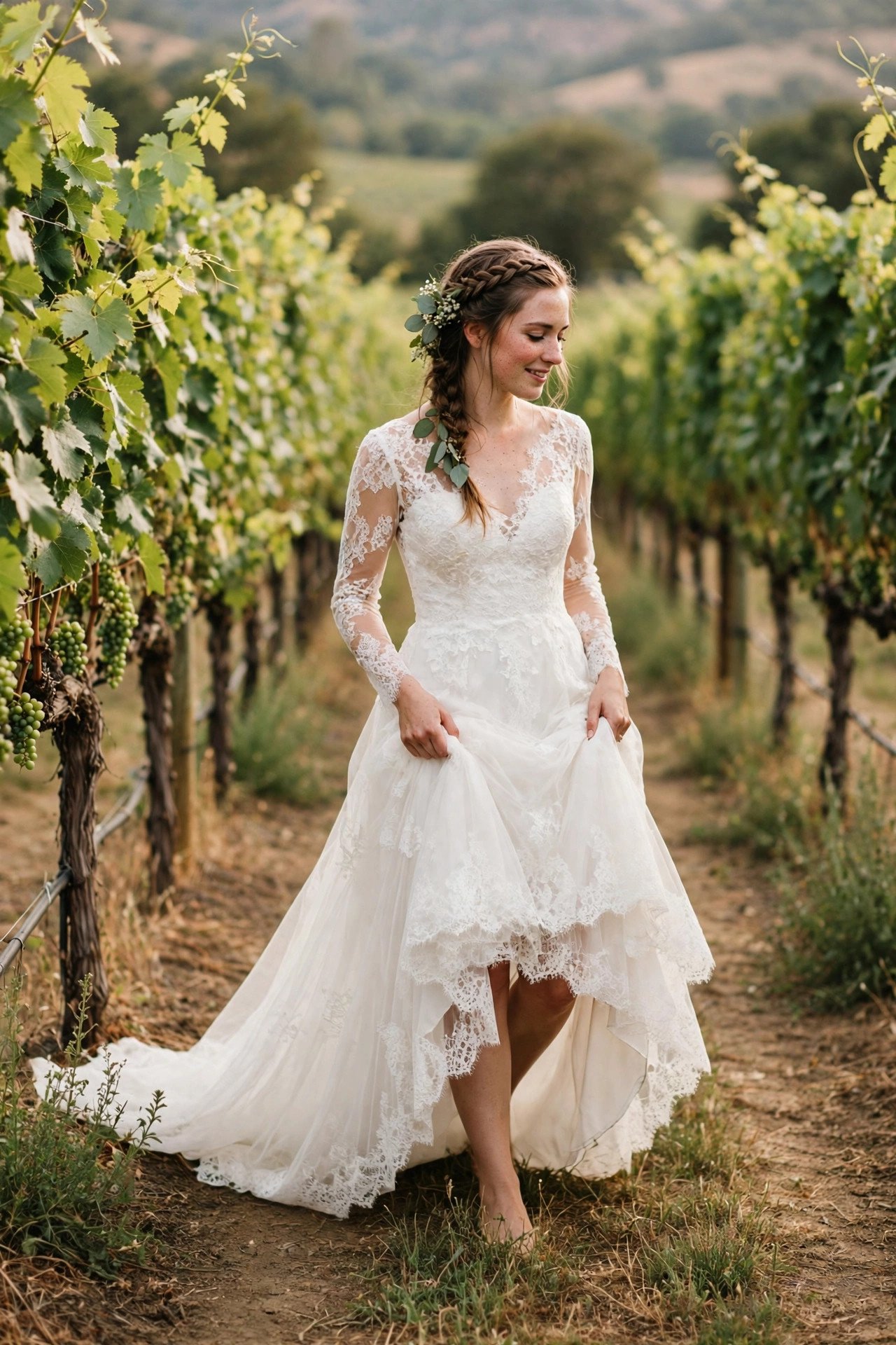 Bride in a high-low hem dress walking a vineyard row