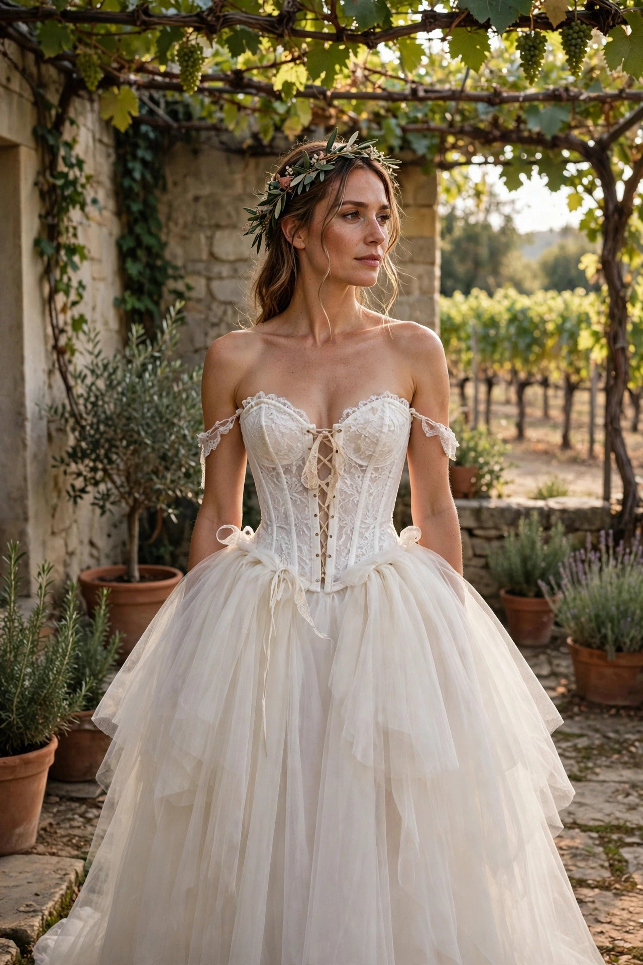 Bride in a corset dress with a detachable overskirt in a vineyard courtyard