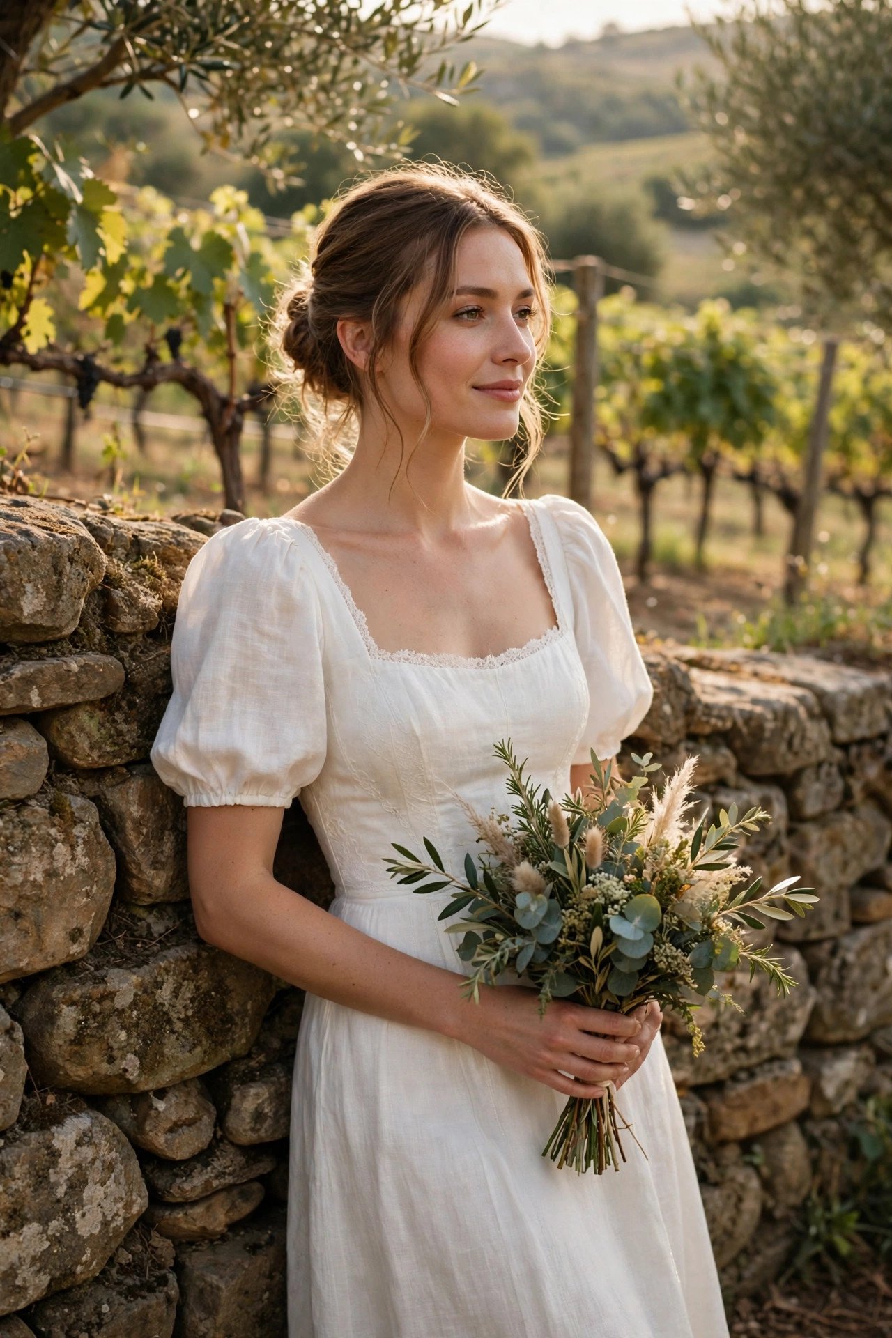 Bride in a square-neck puff-sleeve dress against a vineyard stone wall