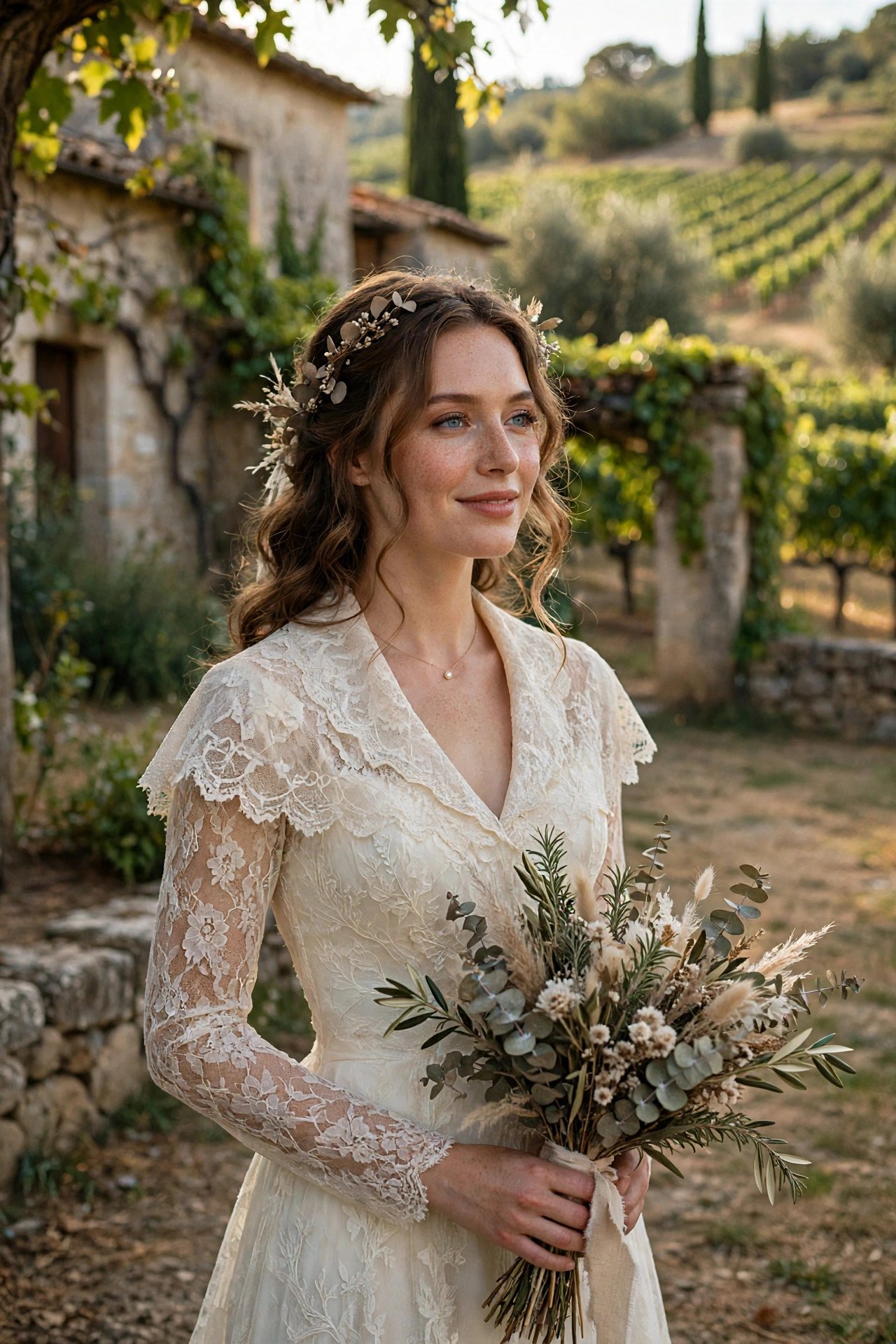 Bride in a vintage lace dress with a shawl collar at a historic vineyard estate