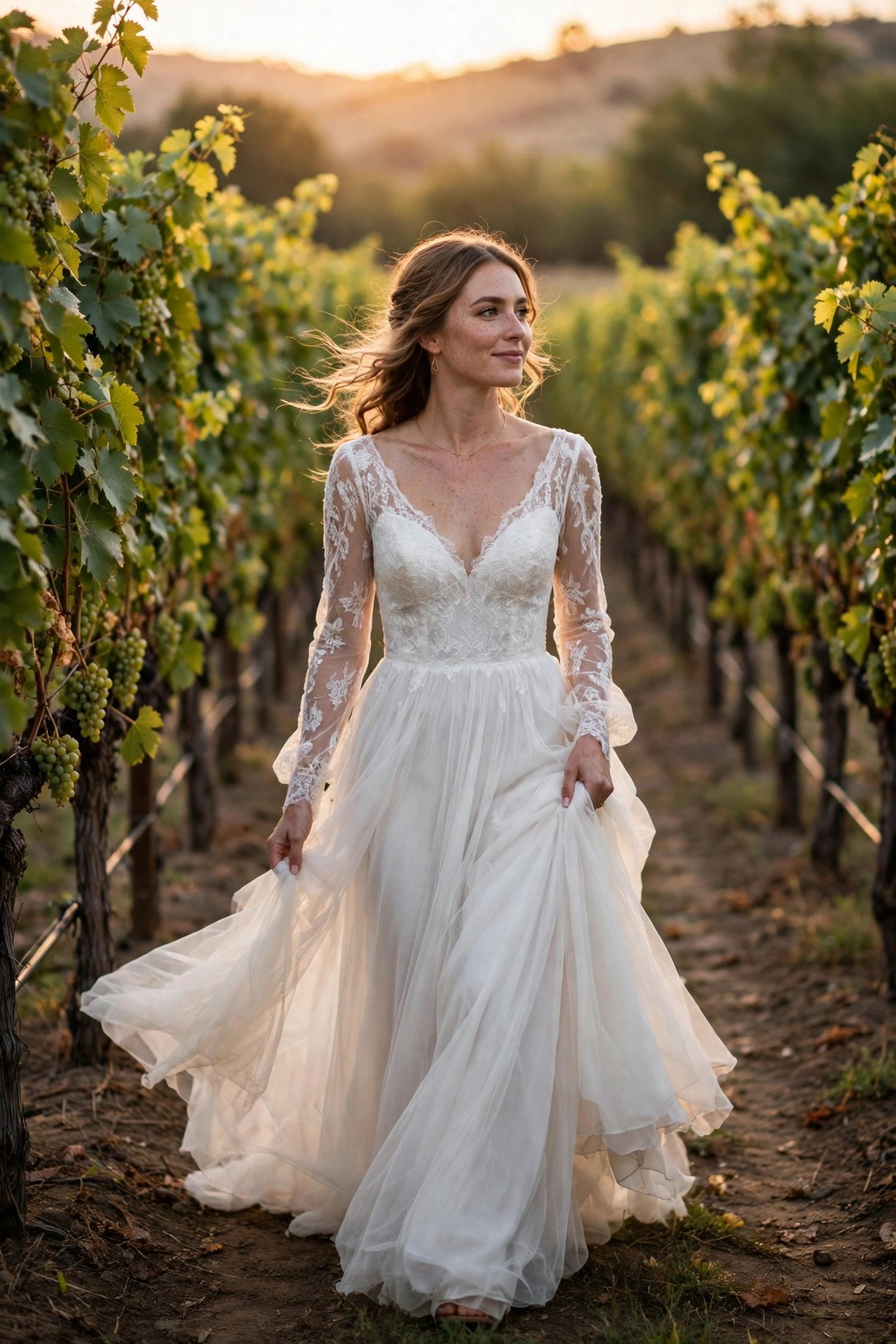 Bride in a flowing wedding dress walking between rows of vines at golden hour