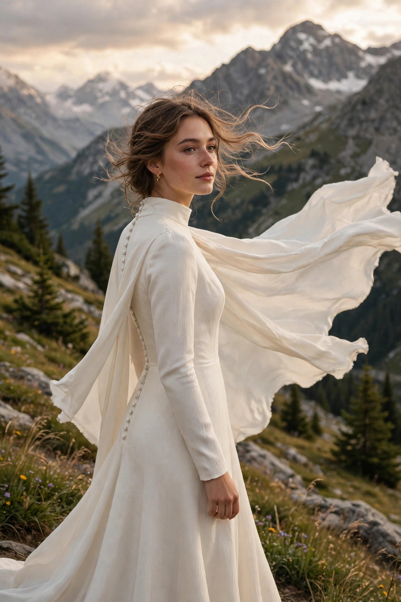 Bride in a crepe mountain dress with a detachable cape streaming in the wind