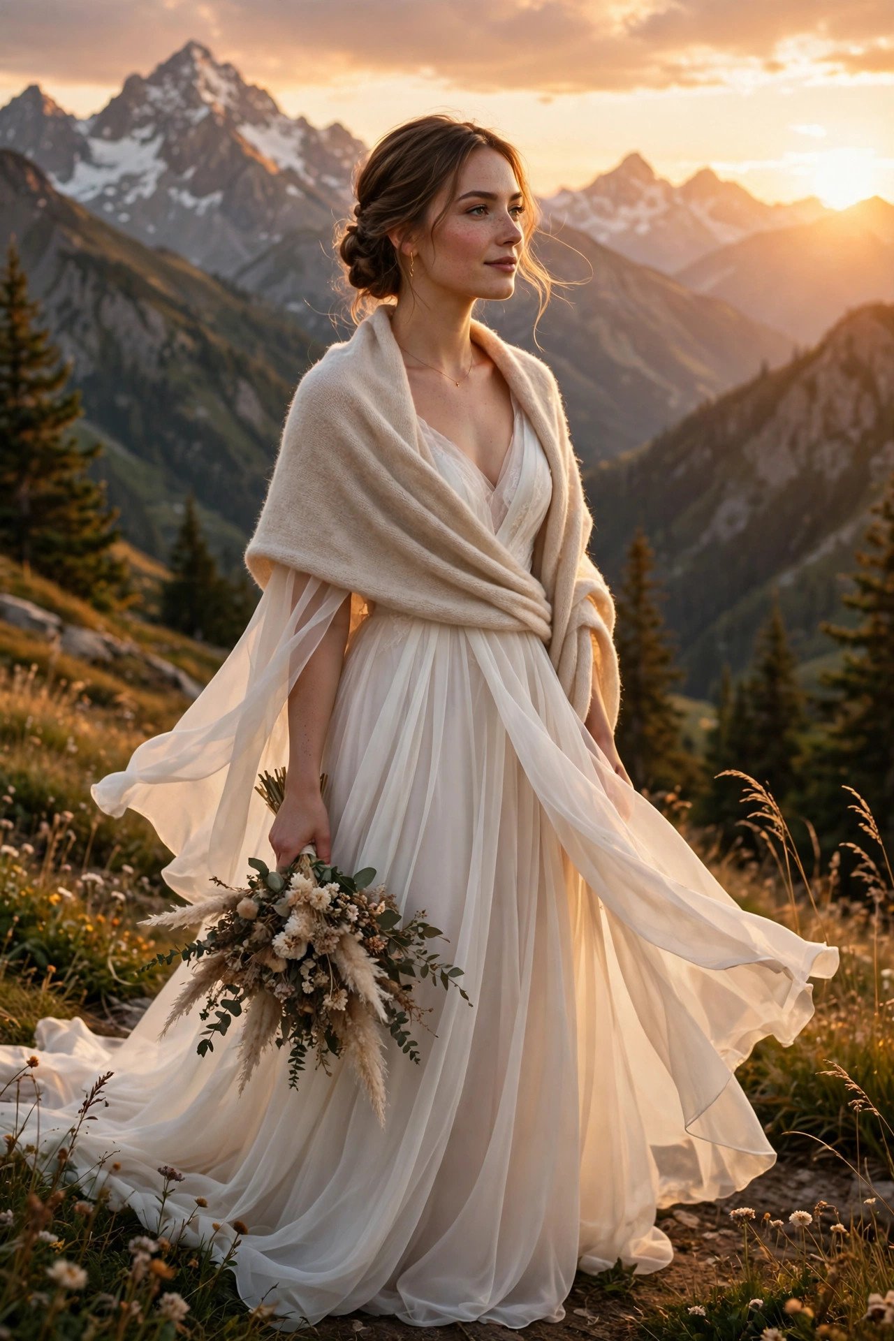 Bride in a chiffon mountain dress with a soft wrap over her shoulders at sunset