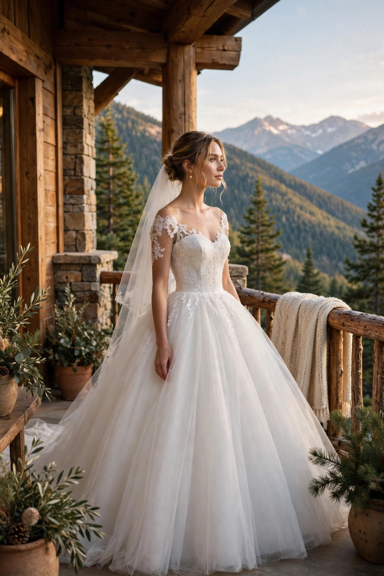 Bride in a full ballgown on the terrace of a grand mountain lodge