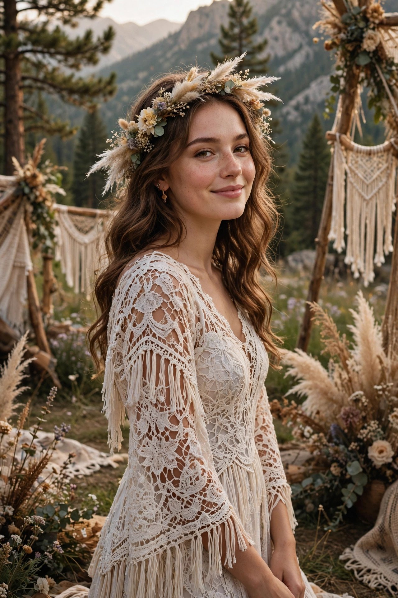 Bride in a boho crochet lace dress with fringe at a mountain festival wedding