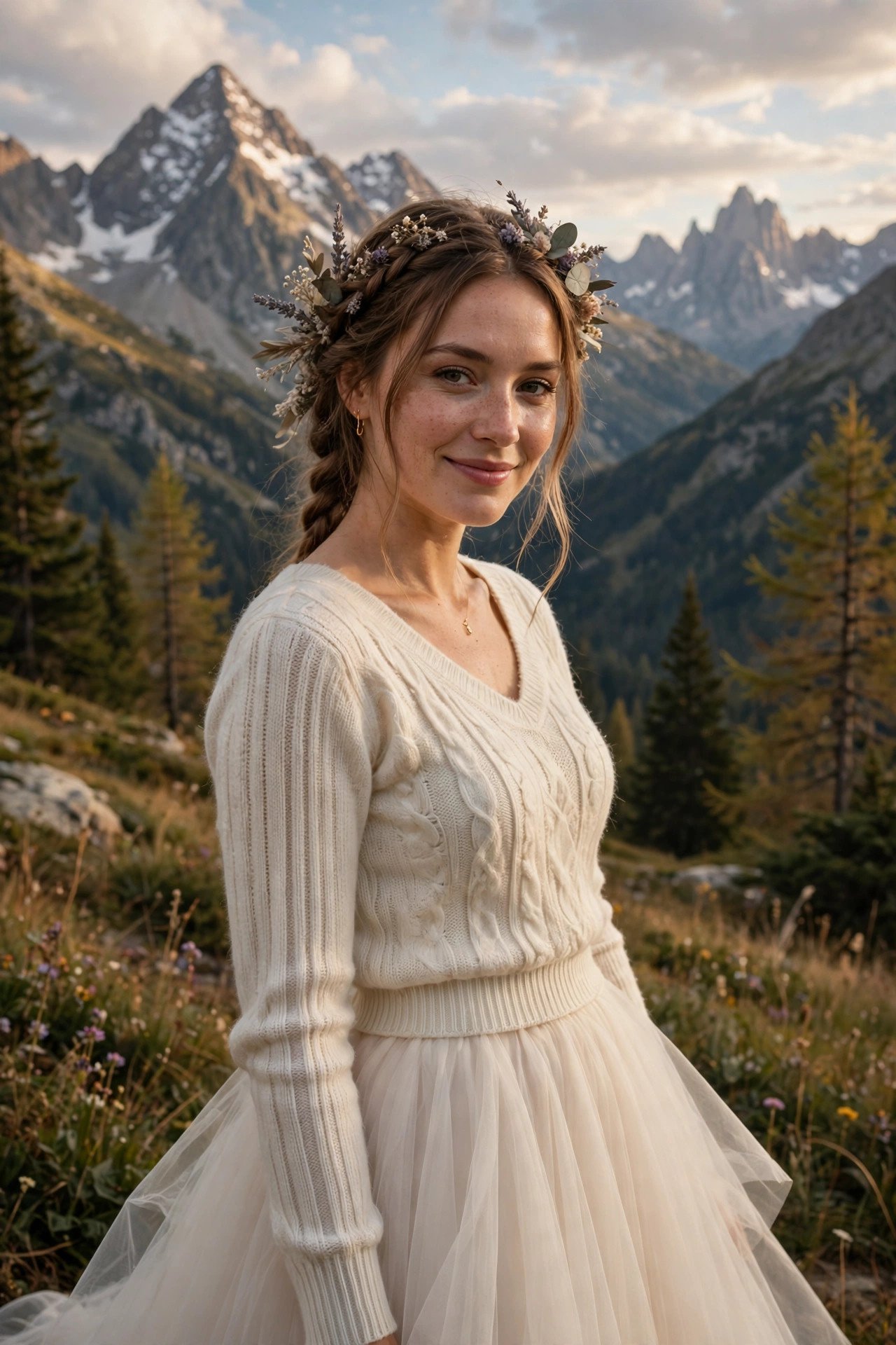 Bride in a two-piece mountain outfit with a fine knit top and tulle skirt