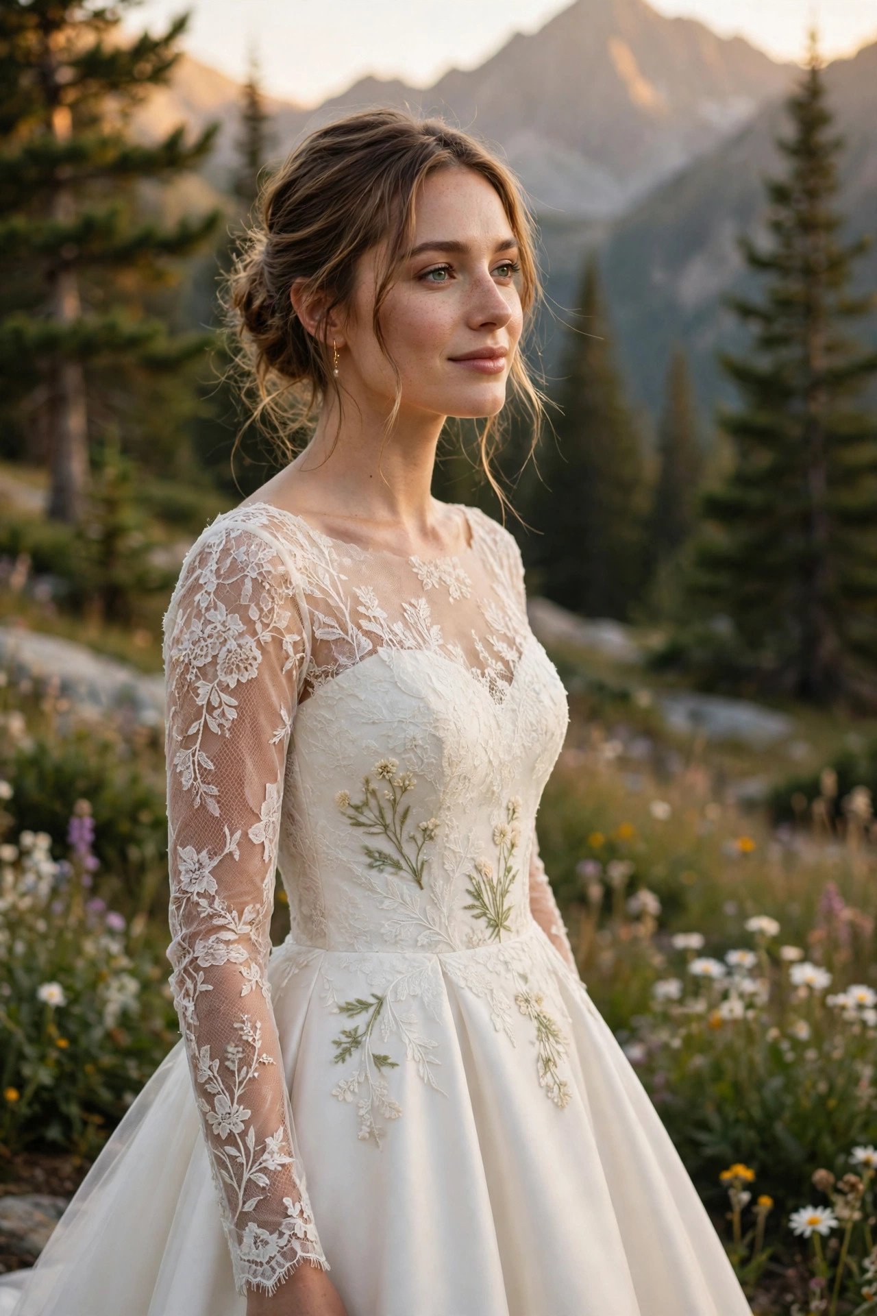 Bride in a fit-and-flare mountain dress with illusion lace sleeves
