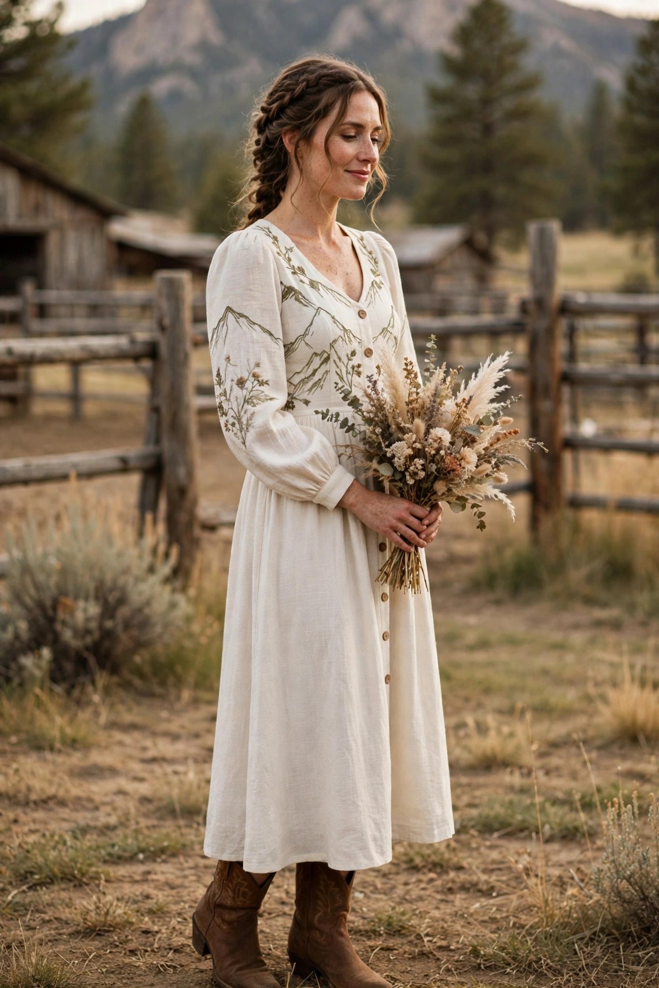 Bride in a midi mountain dress wearing elegant boots at a ranch wedding
