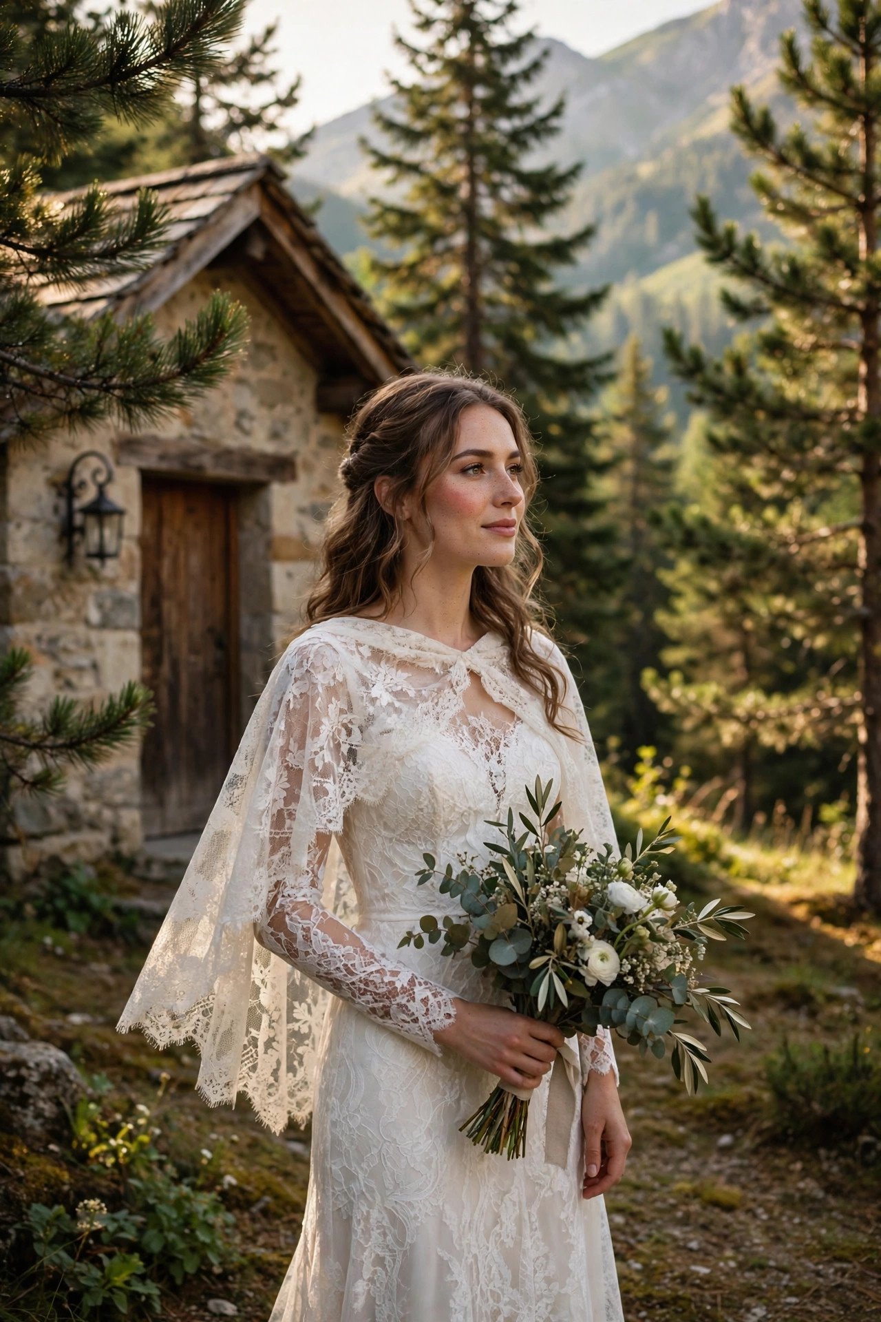 Bride in a lace dress with a capelet outside a small chapel among pine trees
