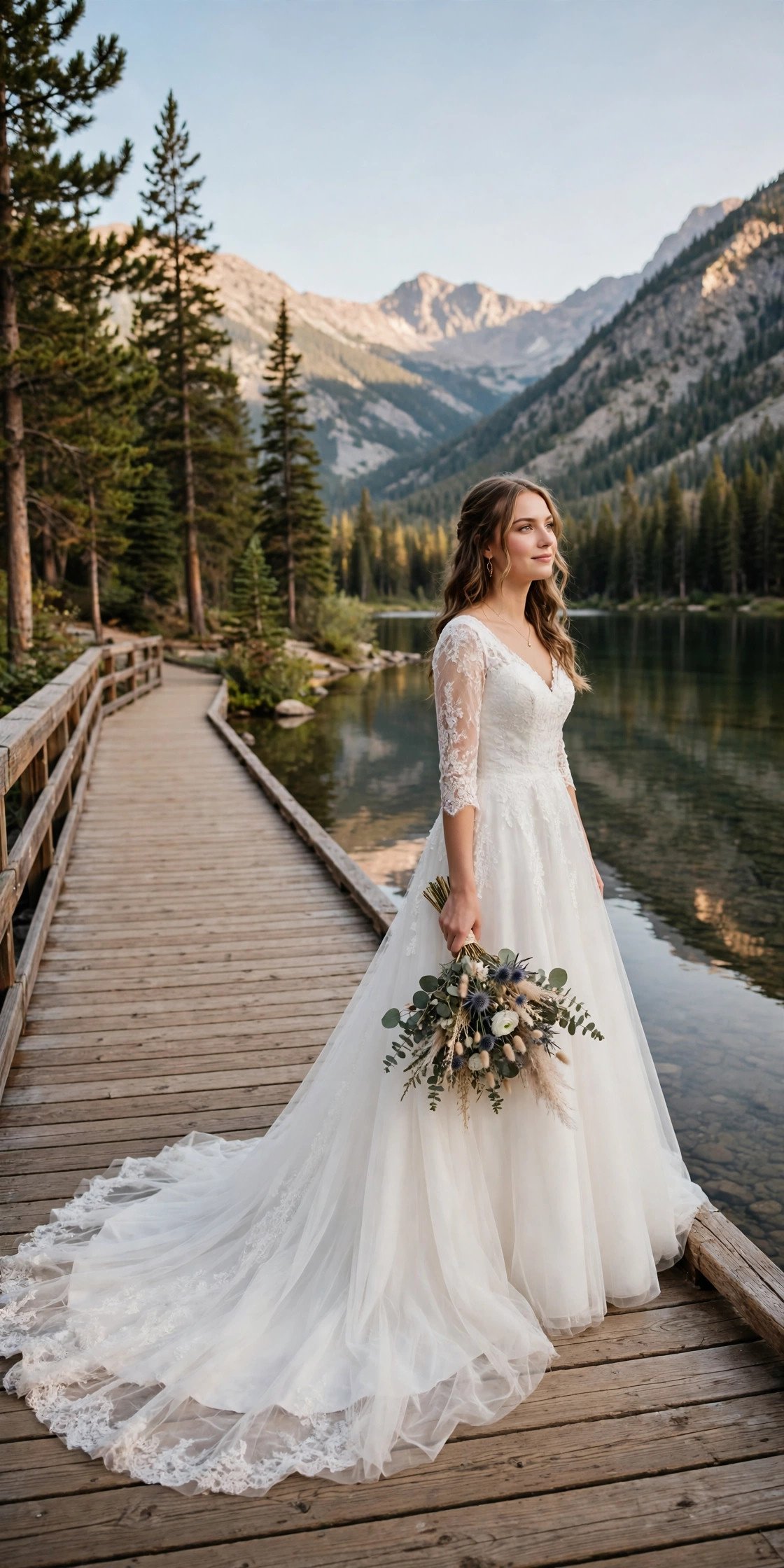 Bride in an A-line dress with a chapel train on a boardwalk by a mountain lake
