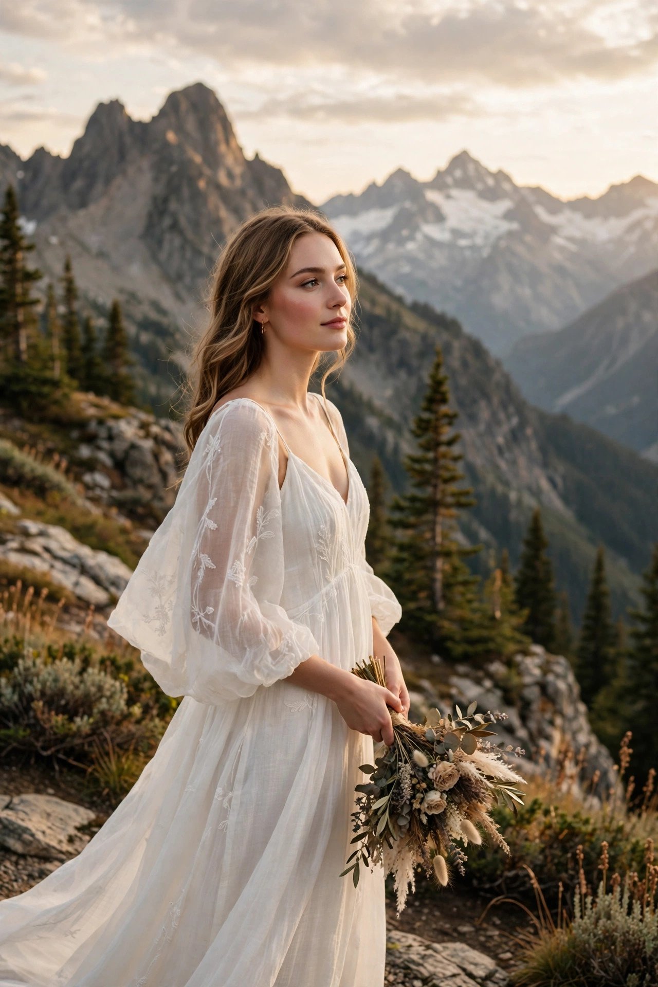 Bride in a lightweight packable dress at a mountain elopement viewpoint