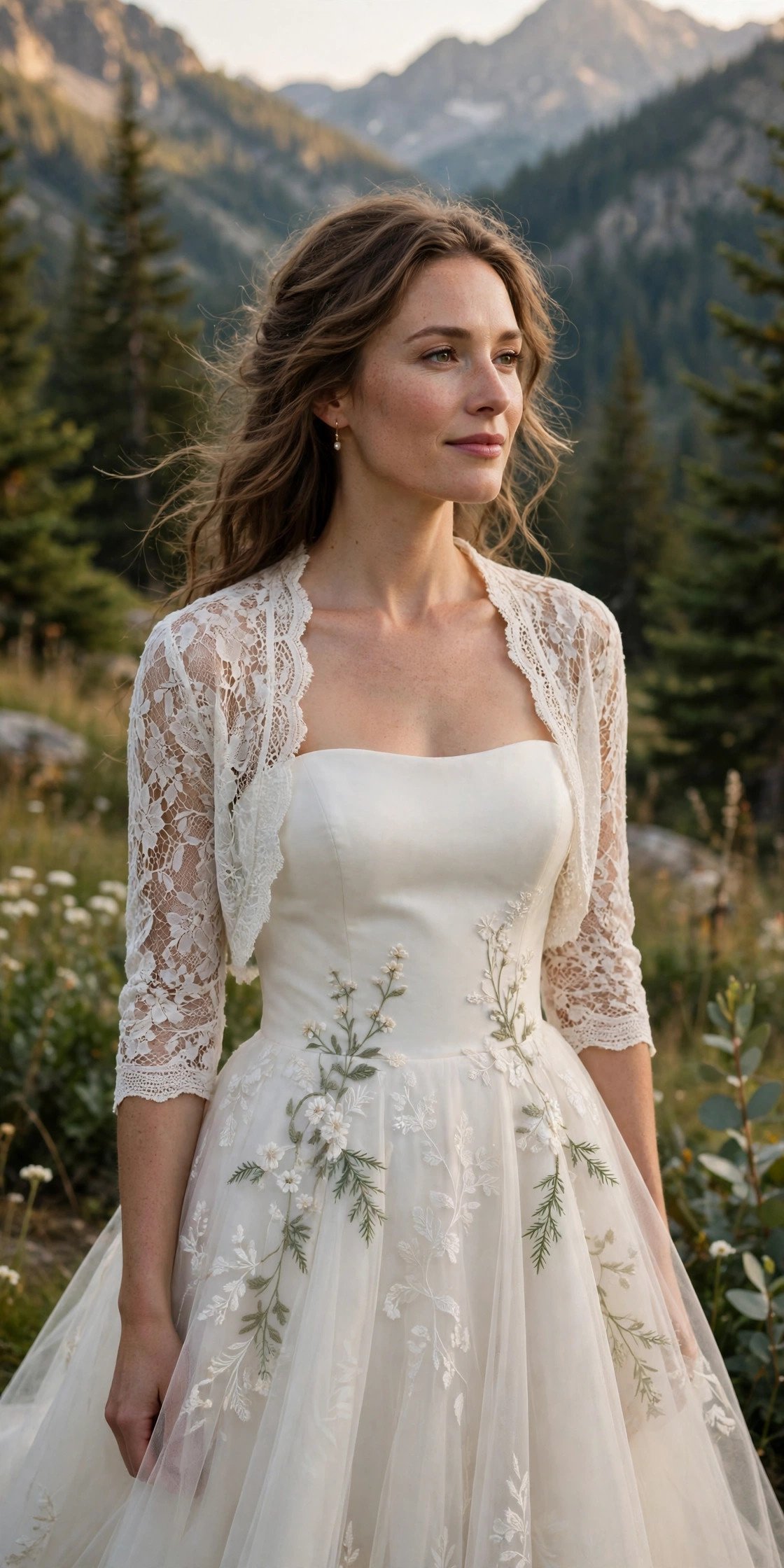 Bride in a strapless mountain dress with a lace bolero jacket