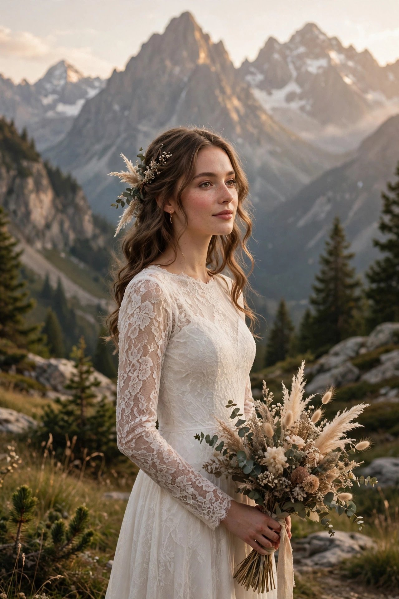 Bride in a long-sleeve mountain wedding dress with peaks behind her