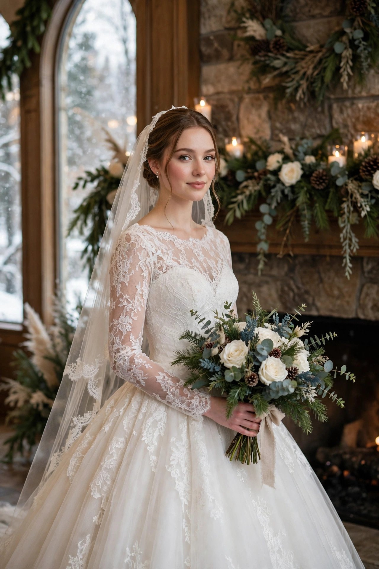 Bride in a long-sleeve lace ballgown at a formal winter wedding venue