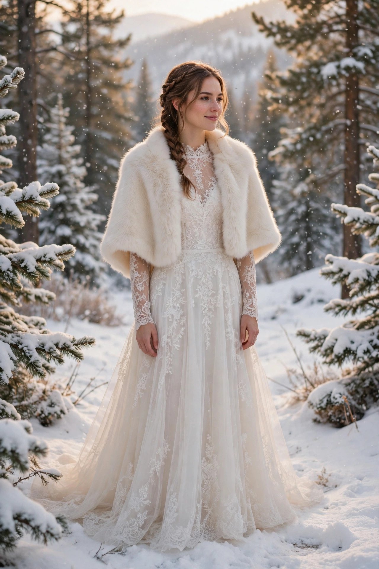 Bride in a winter dress with a white faux-fur capelet in the snow