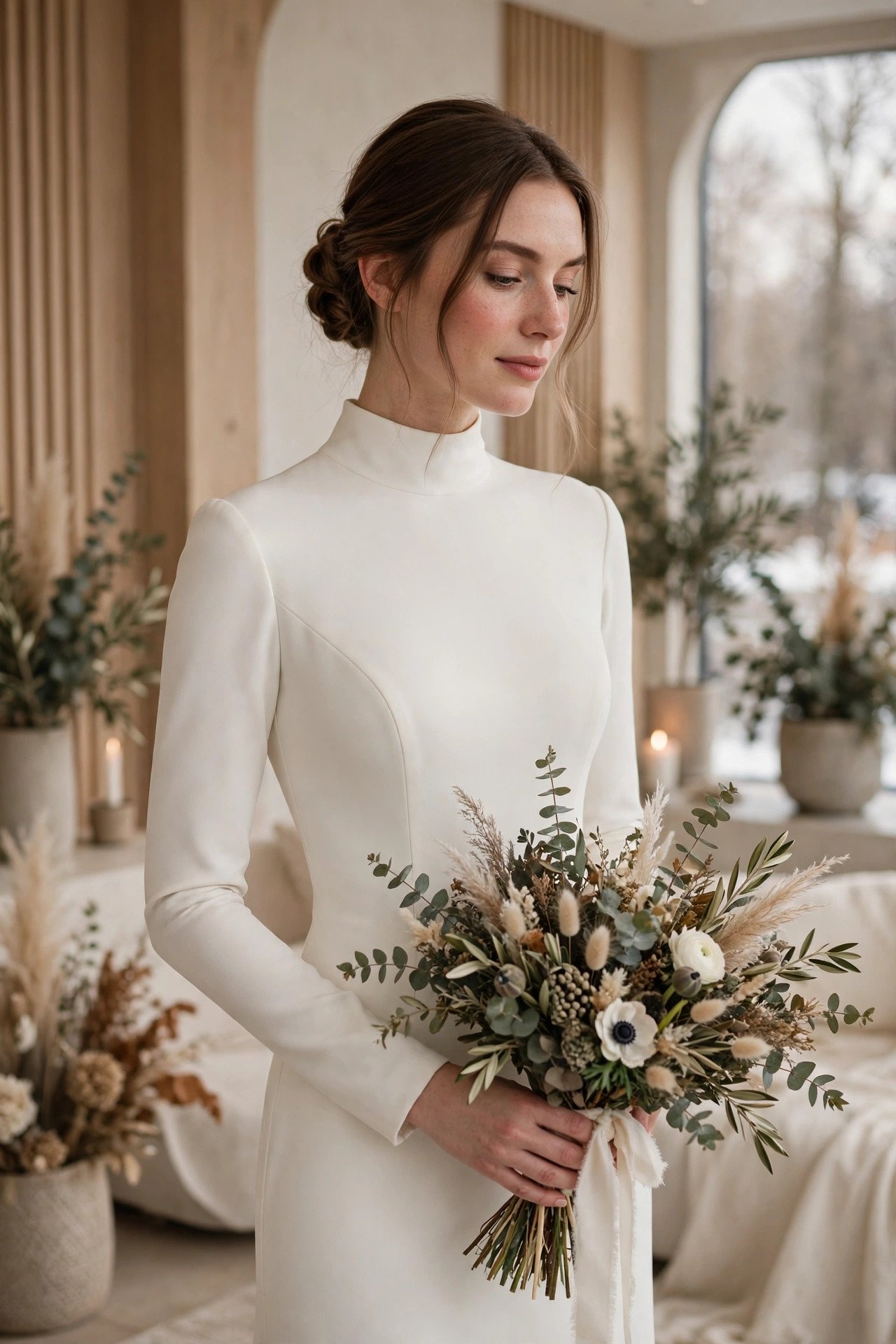 Bride in a high-neck long-sleeve crepe winter dress in a modern venue