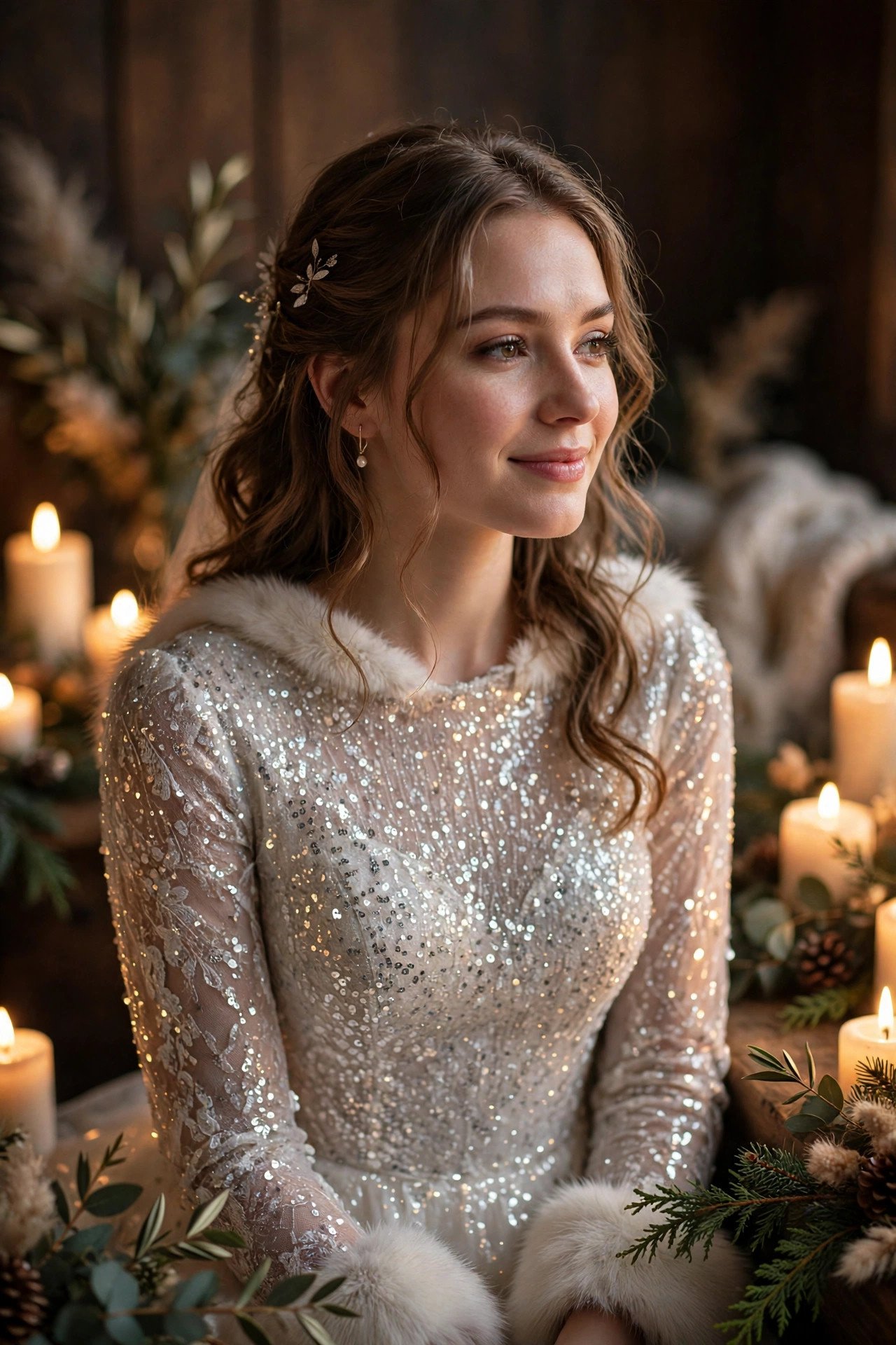 Bride in a sequinned winter dress sparkling in candlelight