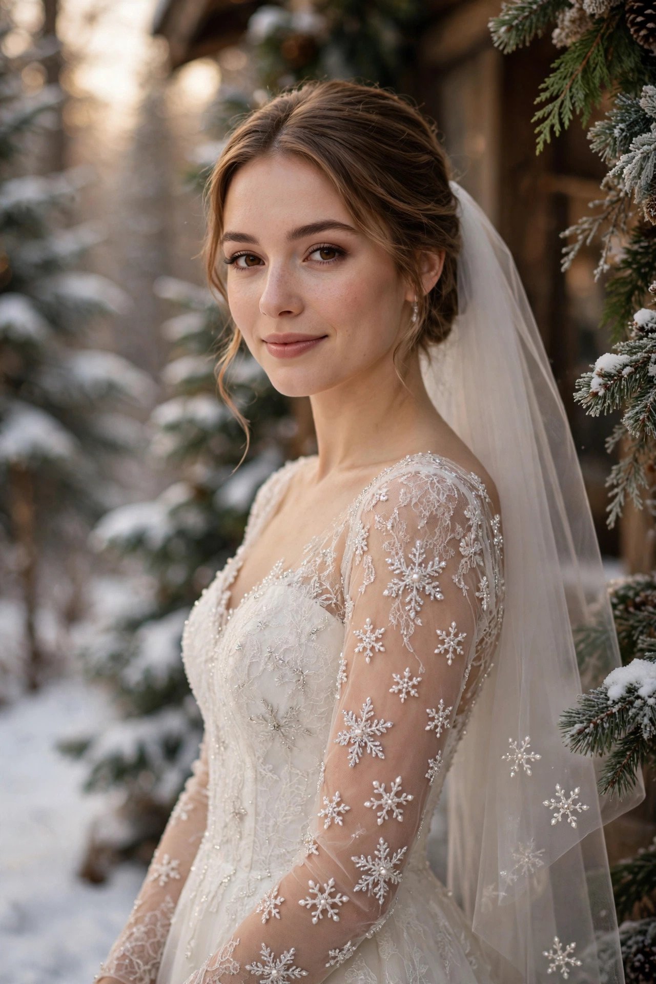 Bride in an illusion-sleeve winter dress with delicate snowflake beading