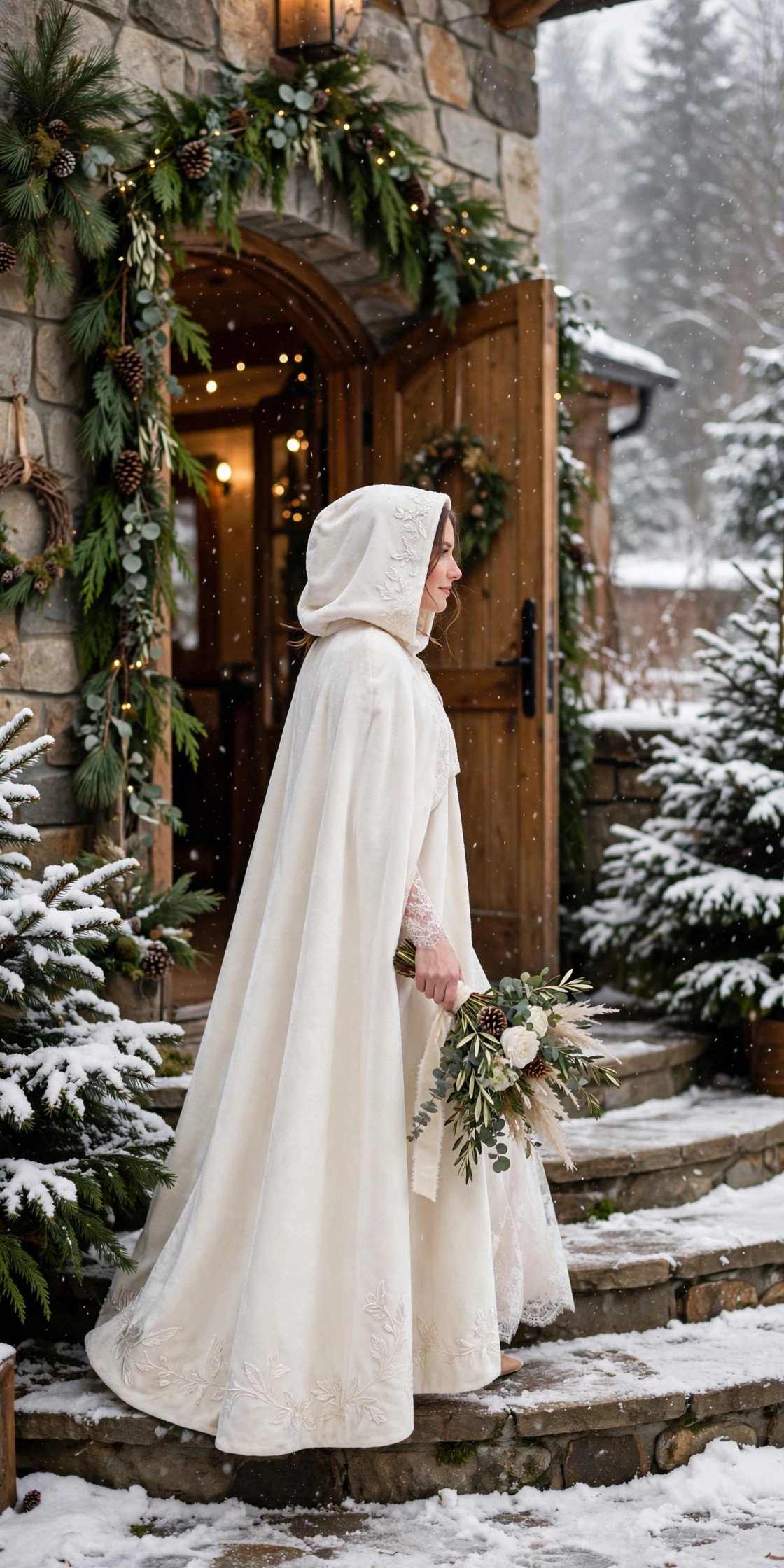 Bride in a cape gown with a hood arriving at a winter wedding venue