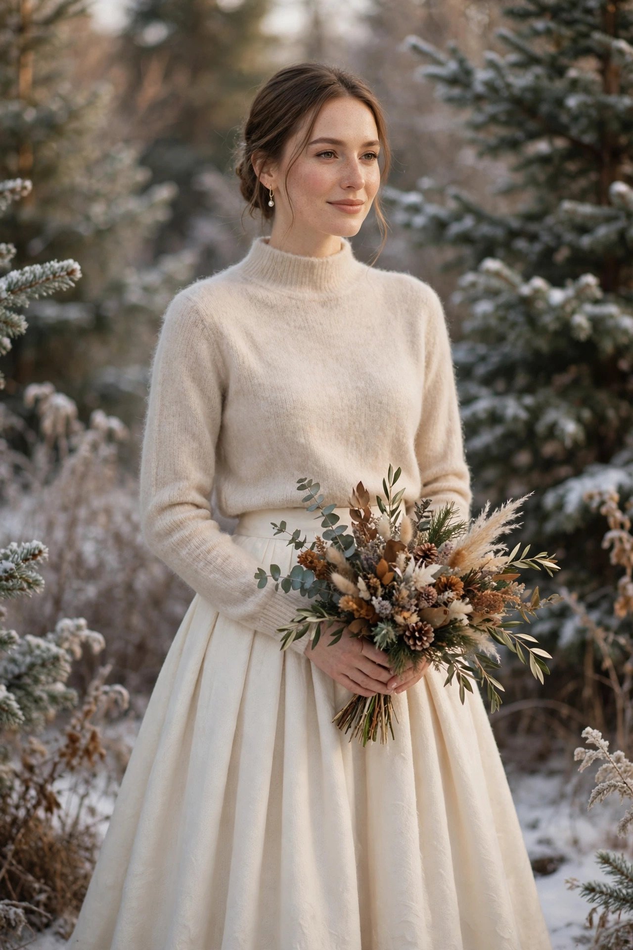 Bride in a two-piece winter outfit with a soft knit top and full skirt