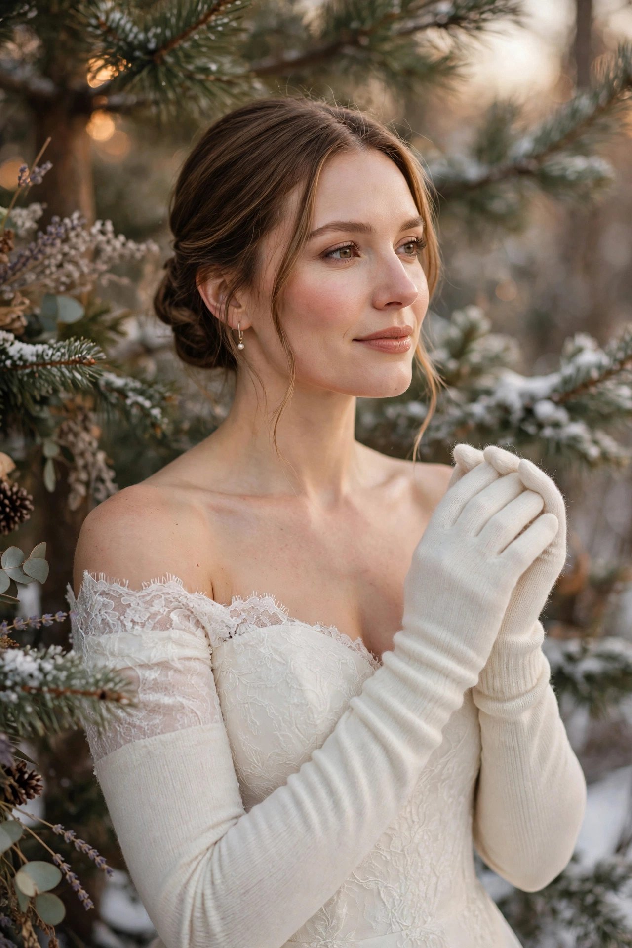 Bride in an off-shoulder winter dress wearing long gloves
