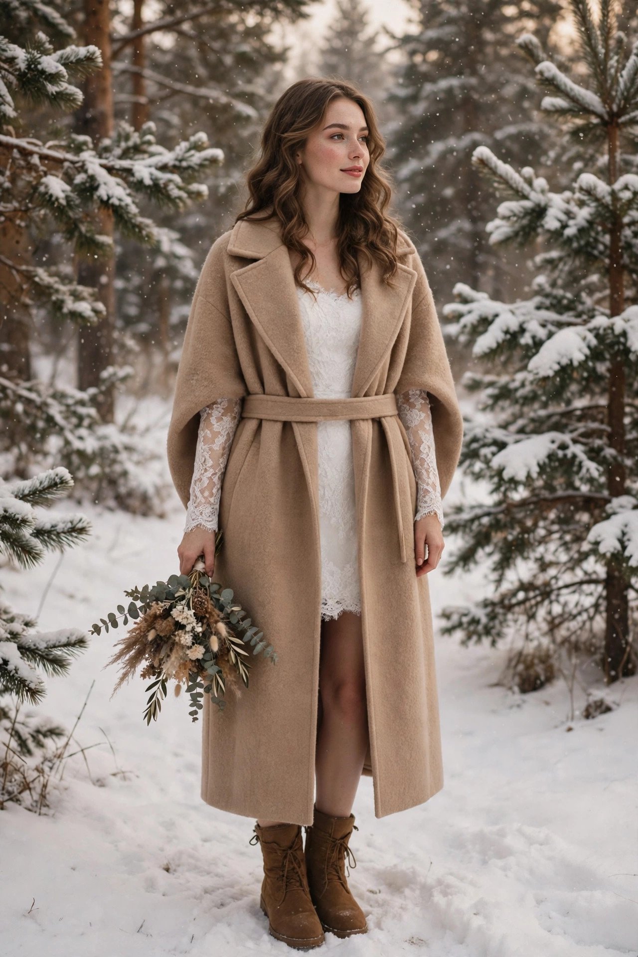 Bride in a short winter dress with a long coat and boots in the snow