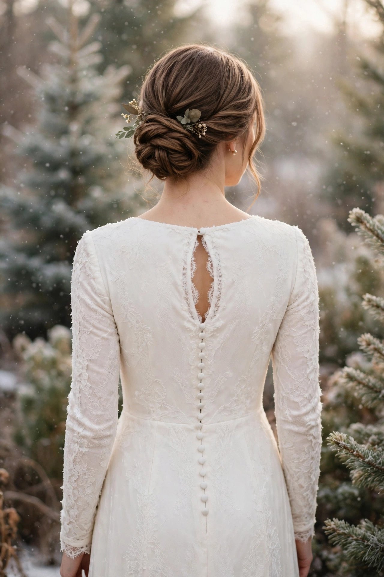 Bride in a long-sleeve winter dress with a keyhole back detail