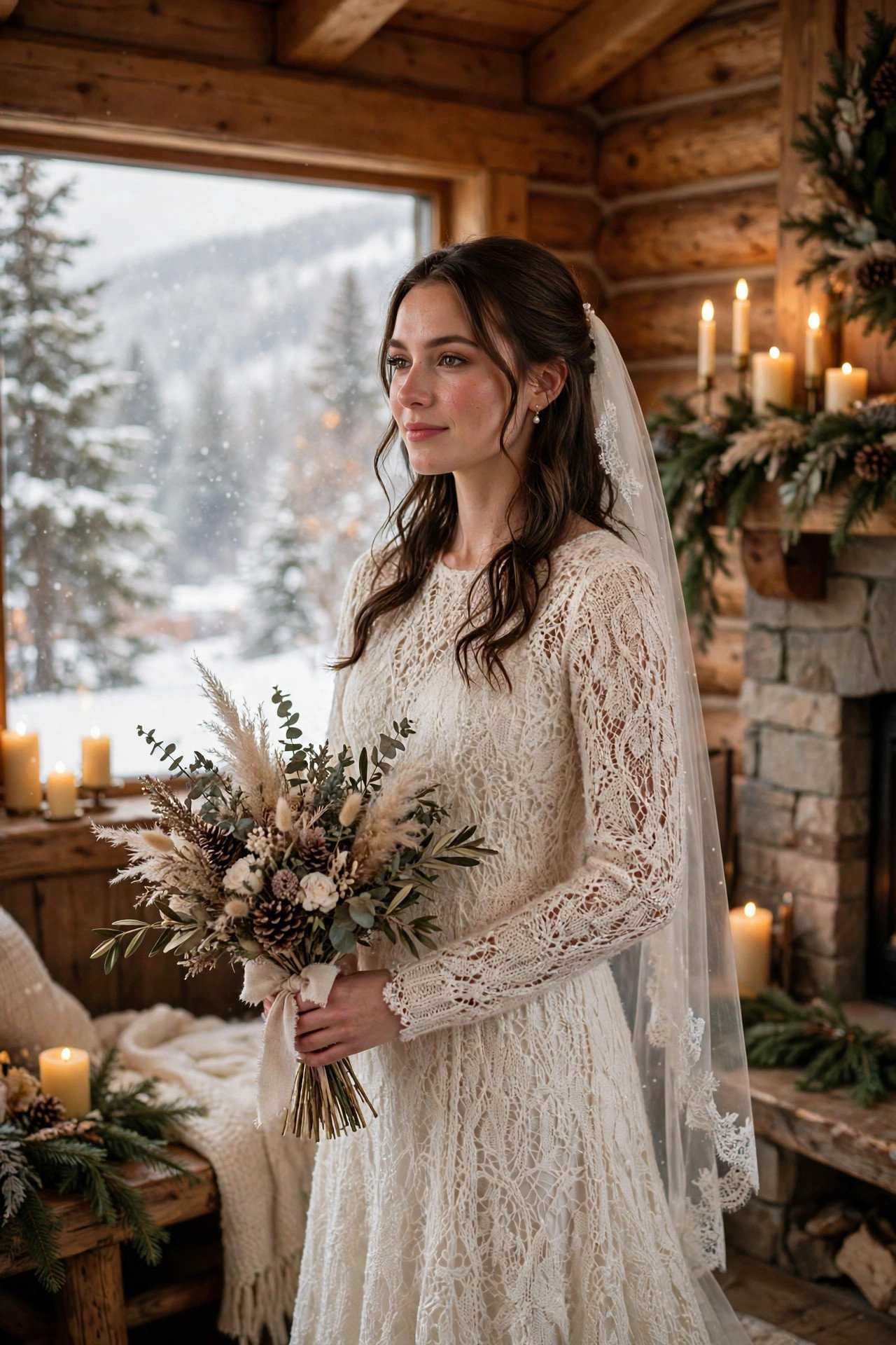 Bride in a knitted lace overlay winter dress at a rustic lodge wedding